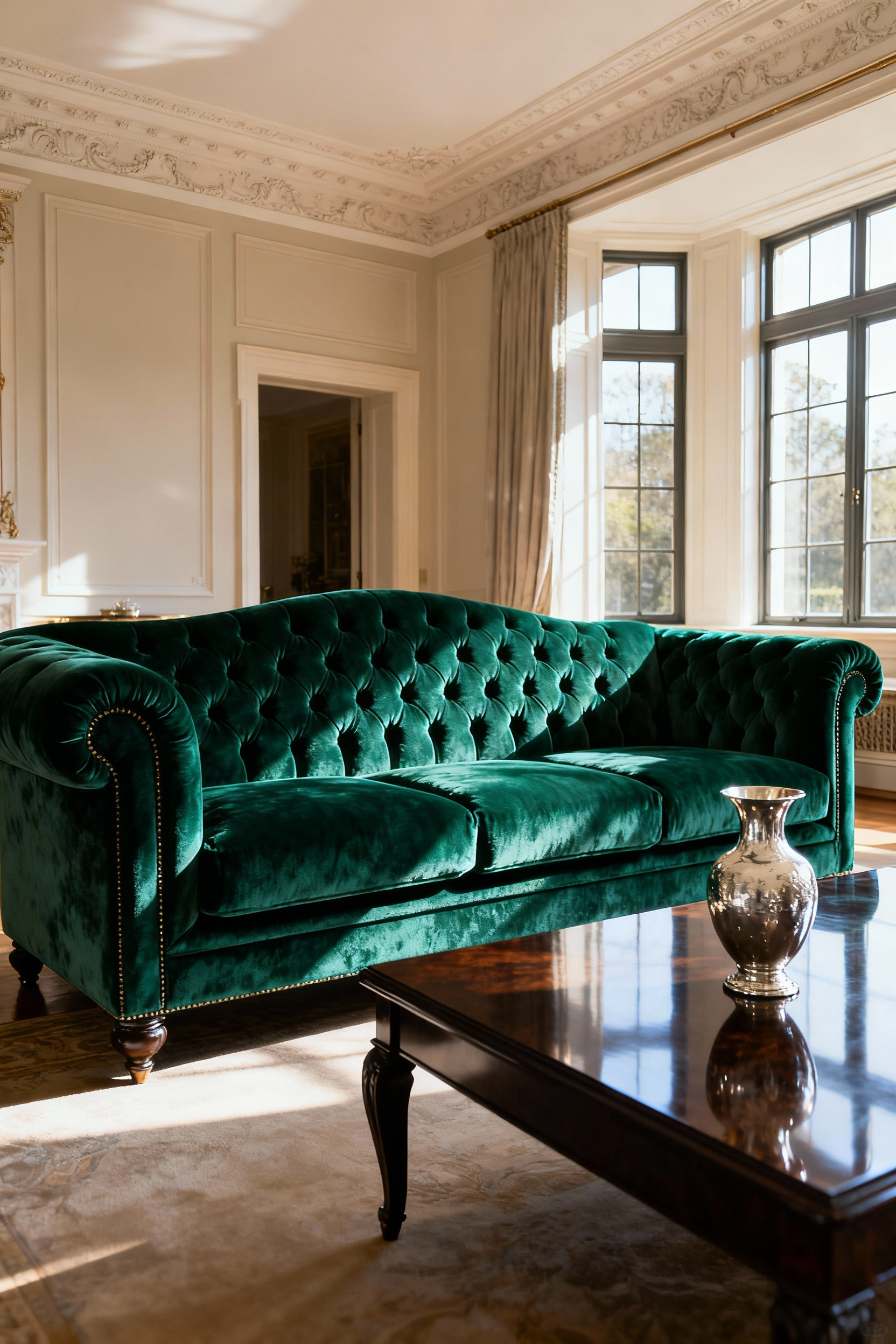 Luxurious emerald velvet custom-upholstered sofa with button tufting in an opulent living room with natural light and a dark wood coffee table.