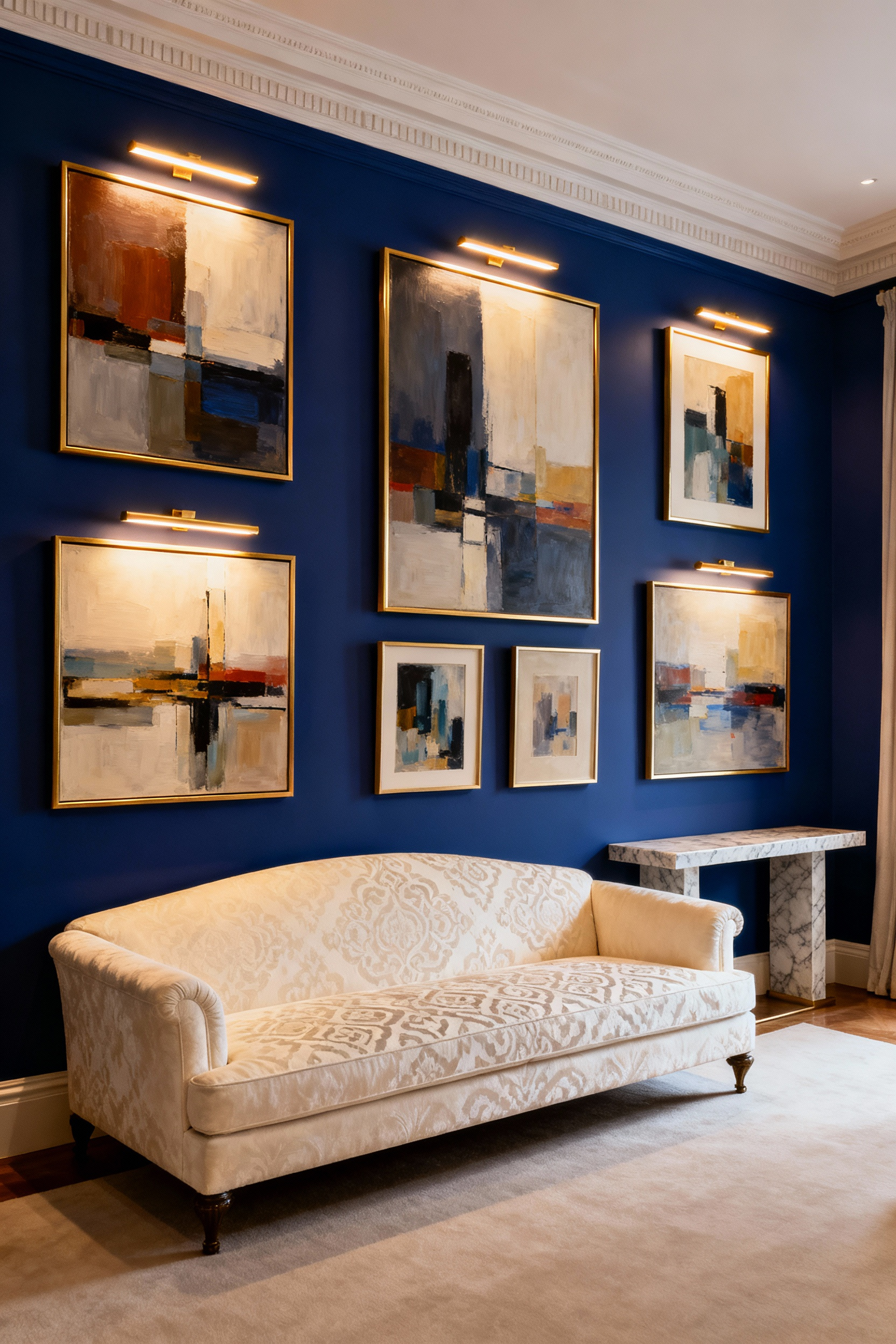 A luxurious living room featuring a meticulously curated art collection with strategically placed paintings, bespoke lighting, and elegant frames, enhancing the room's grandeur.