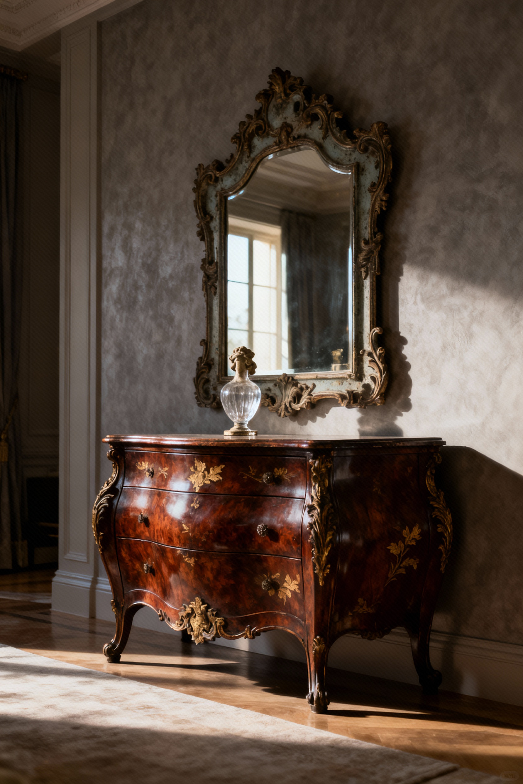 Luxurious living room featuring a finely restored antique French console table with an ornate baroque mirror, emphasizing classic elegance and valuable craftsmanship, under dramatic lighting.