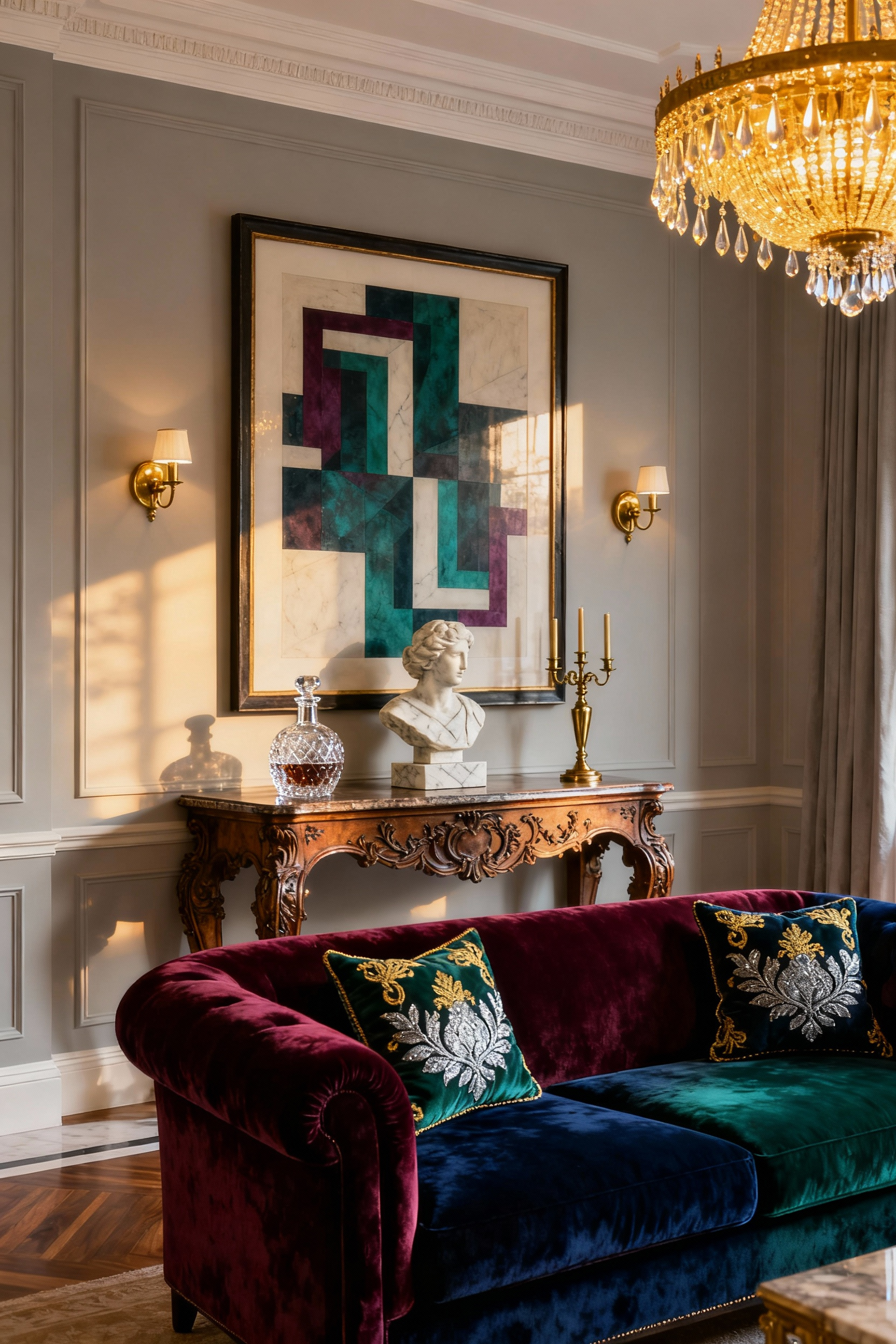 Luxurious living room showcasing timeless design principles with classic architecture, velvet sofa, antique console, and curated art, reflecting an enduring aesthetic.