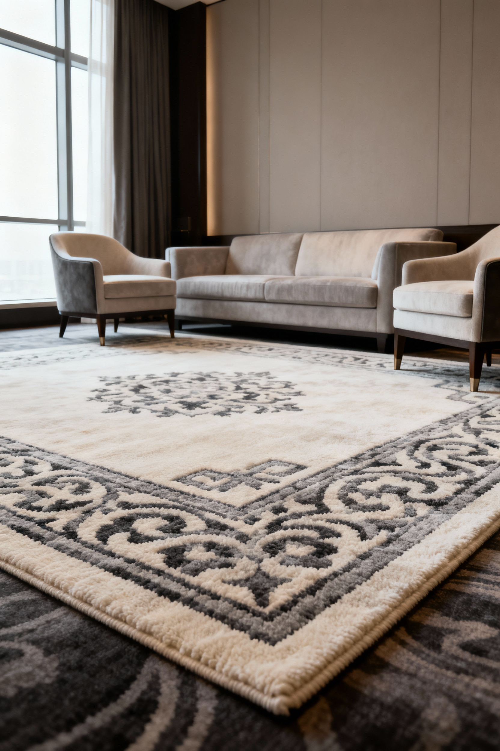 Luxurious high-pile wool area rug anchoring a sophisticated living room furniture grouping with a subtle geometric pattern, bathed in soft natural light.