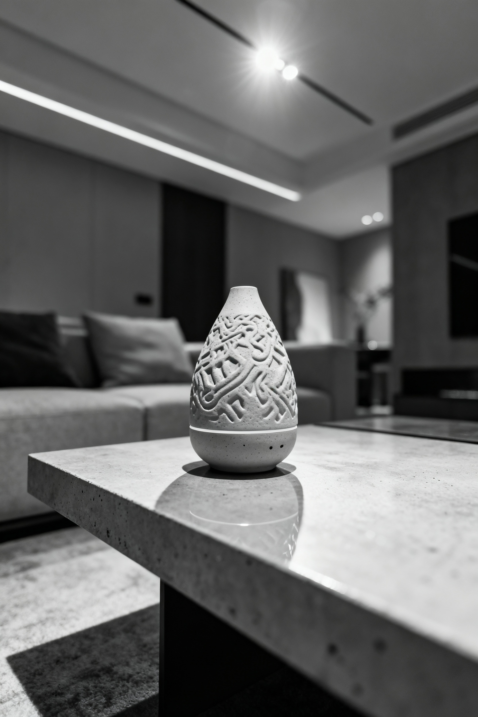 An artistic ceramic scented sculpture diffuser on a minimalist side table in a modern living room, designed to evoke calm and luxury through subtle fragrance.
