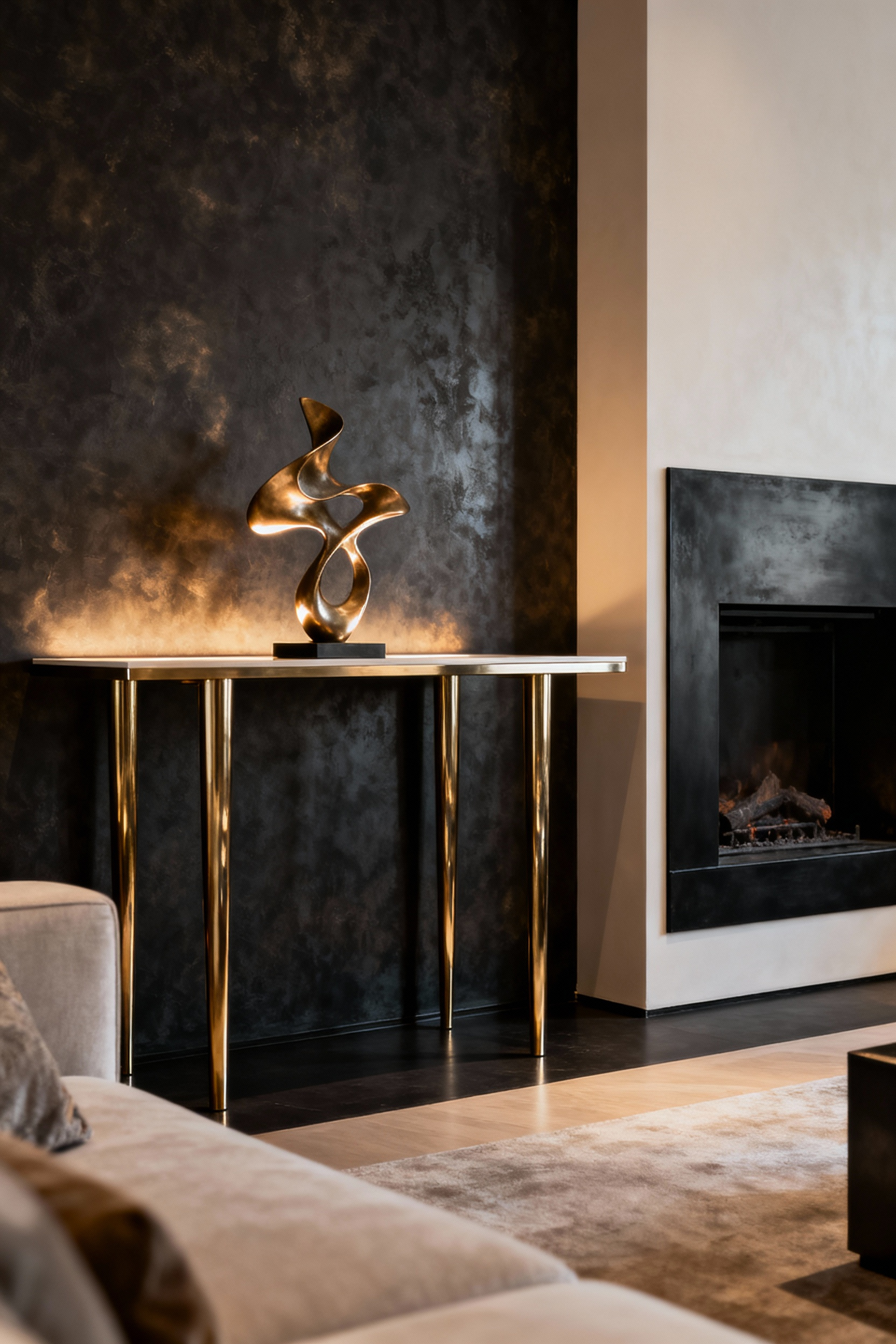 Portrait view of a luxurious living room featuring polished brass console legs, a blackened steel fireplace surround, and a brass sculpture, showcasing strategic metal accents for gleam and architectural definition.