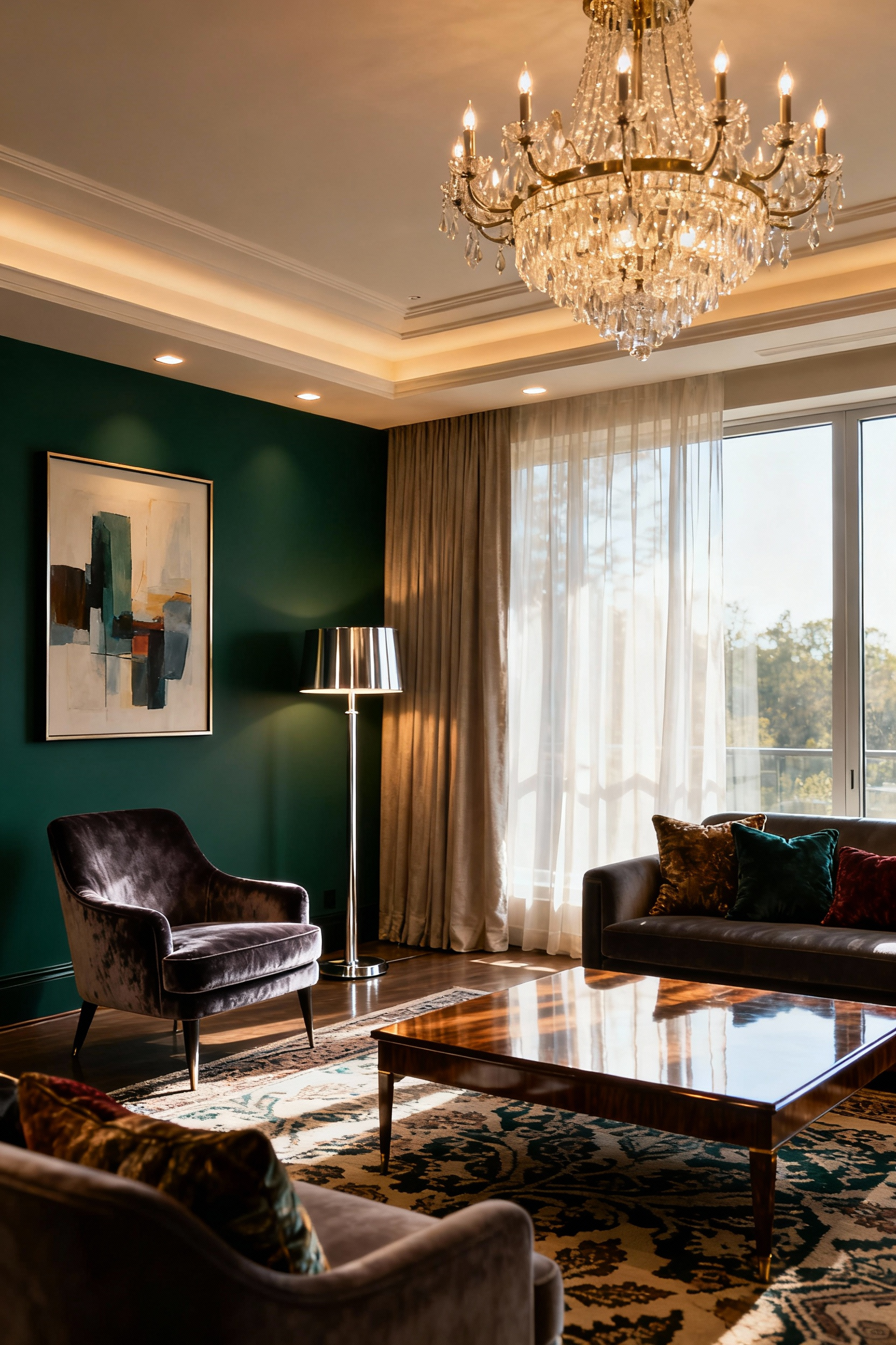 Luxurious living room featuring a harmonious blend of layered lighting, including a grand chandelier, floor lamps, and accent lighting on artwork, creating depth and a sophisticated ambiance.