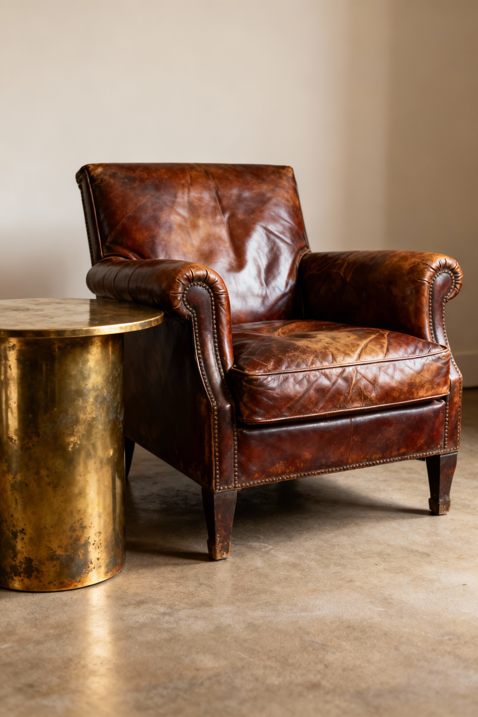 Elegant full-grain leather armchair with rich patina and oxidized brass side table in a luxurious living room.