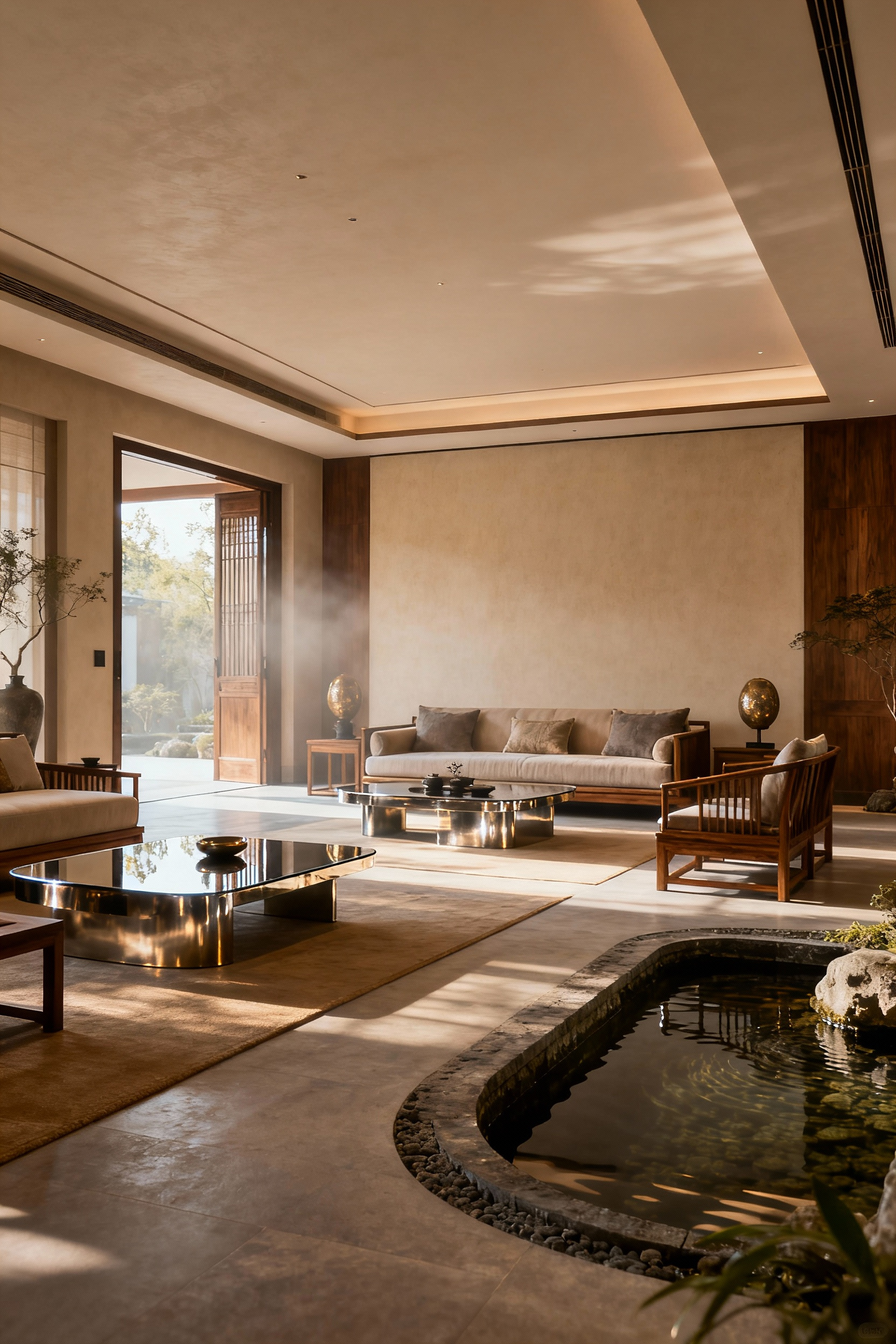 A luxurious and tranquil living room designed with Feng Shui principles, featuring a command position sofa, clear pathways, and balanced elemental decor under soft natural light.