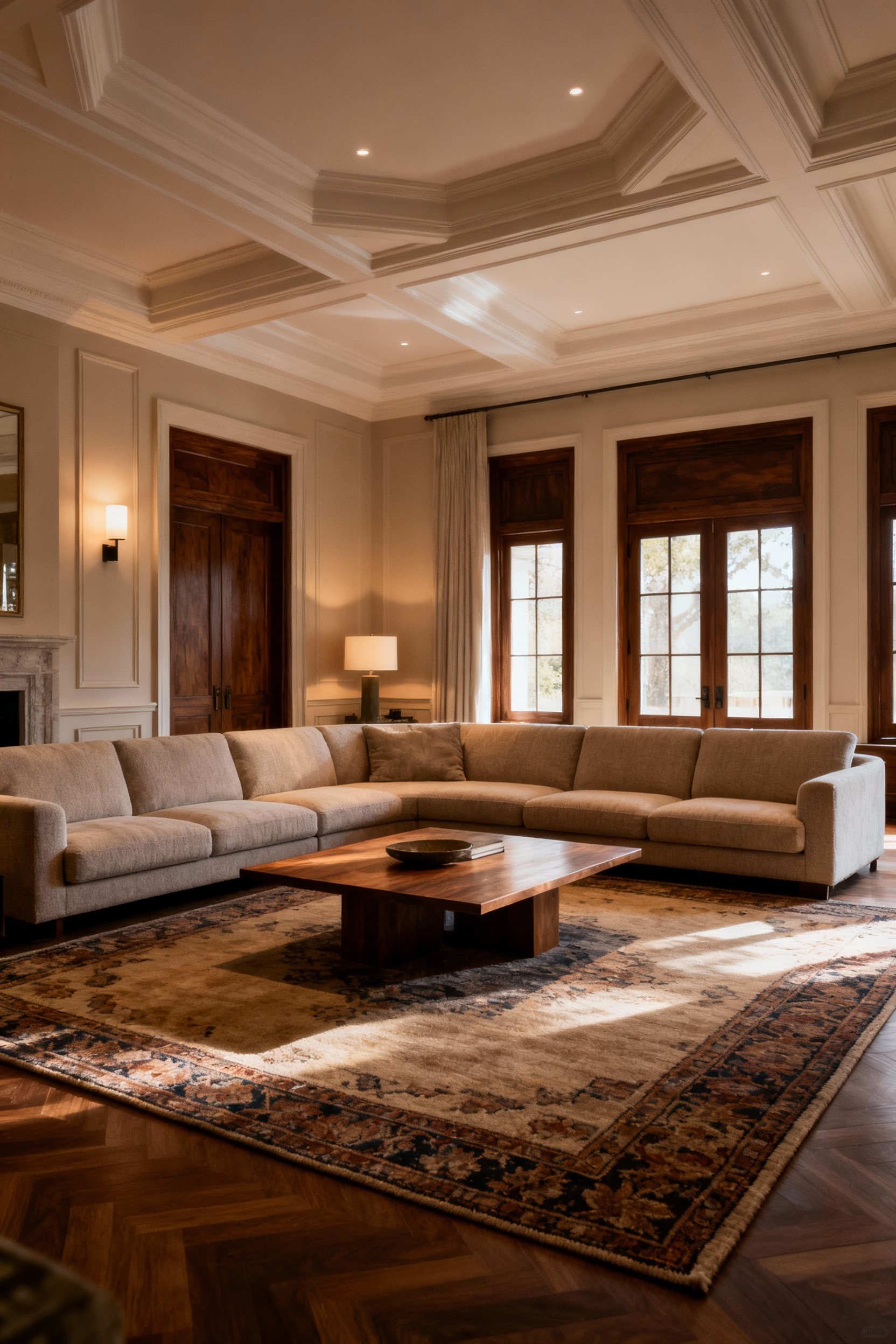 An elegant living room interior showcasing the application of Golden Ratio principles for enhanced visual harmony and proportion. Features a luxurious sofa, coffee table, and area rug arranged with sophisticated balance.