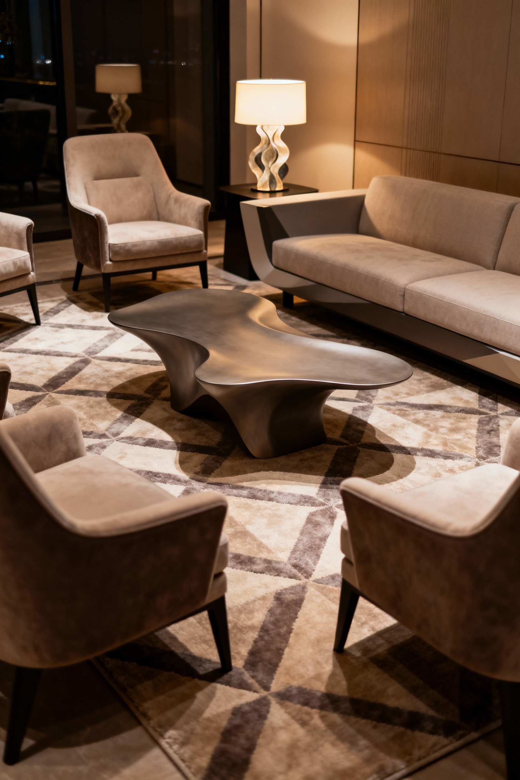 Luxurious living room with a U-shaped seating arrangement, plush rug, and warm, diffused lighting, creating an intimate conversational zone.