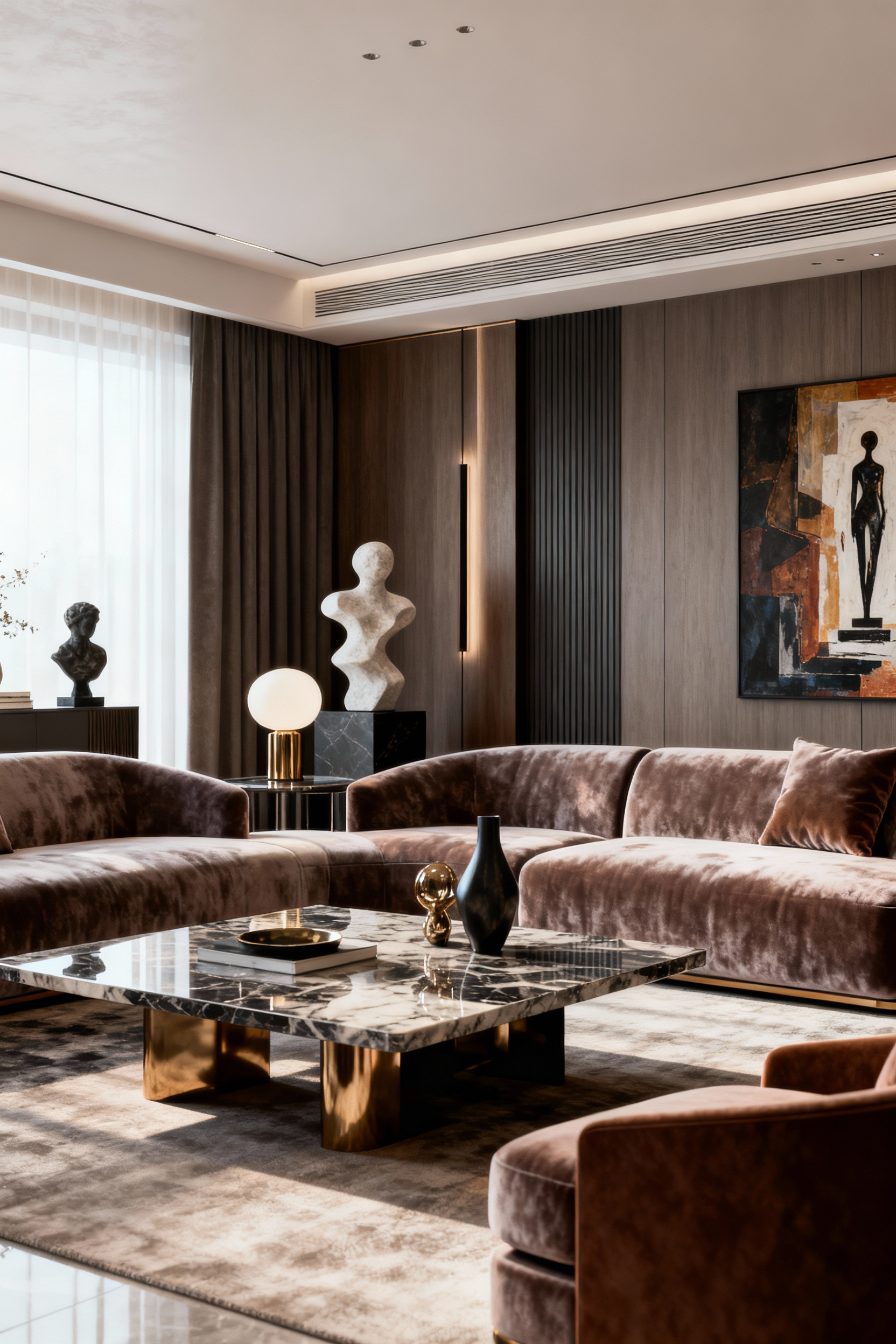 Luxurious living room interior featuring bespoke furniture, elegant decor, and a cohesive signature aesthetic with rich textures and a sophisticated color palette.