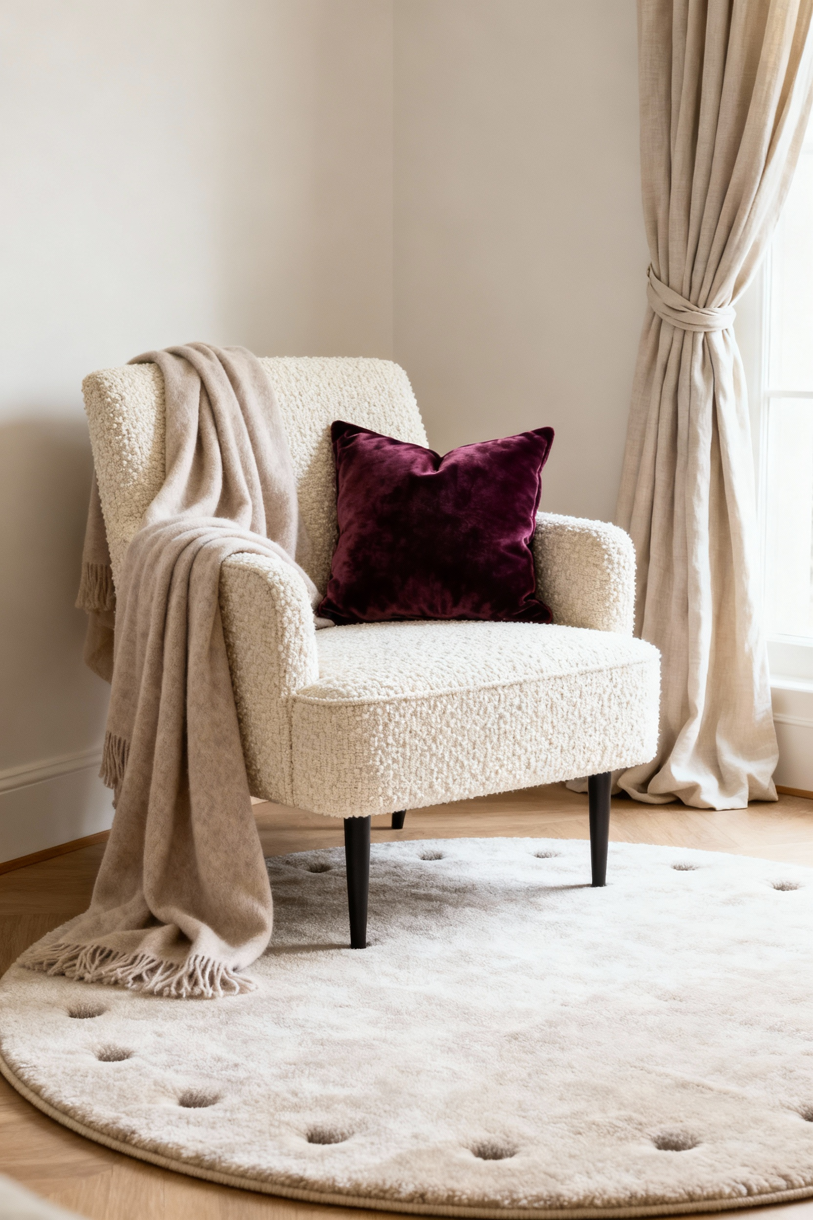 Luxurious living room corner with layered bespoke textiles including a boucle armchair, cashmere throw, velvet cushion, and wool rug, conveying richness and comfort.