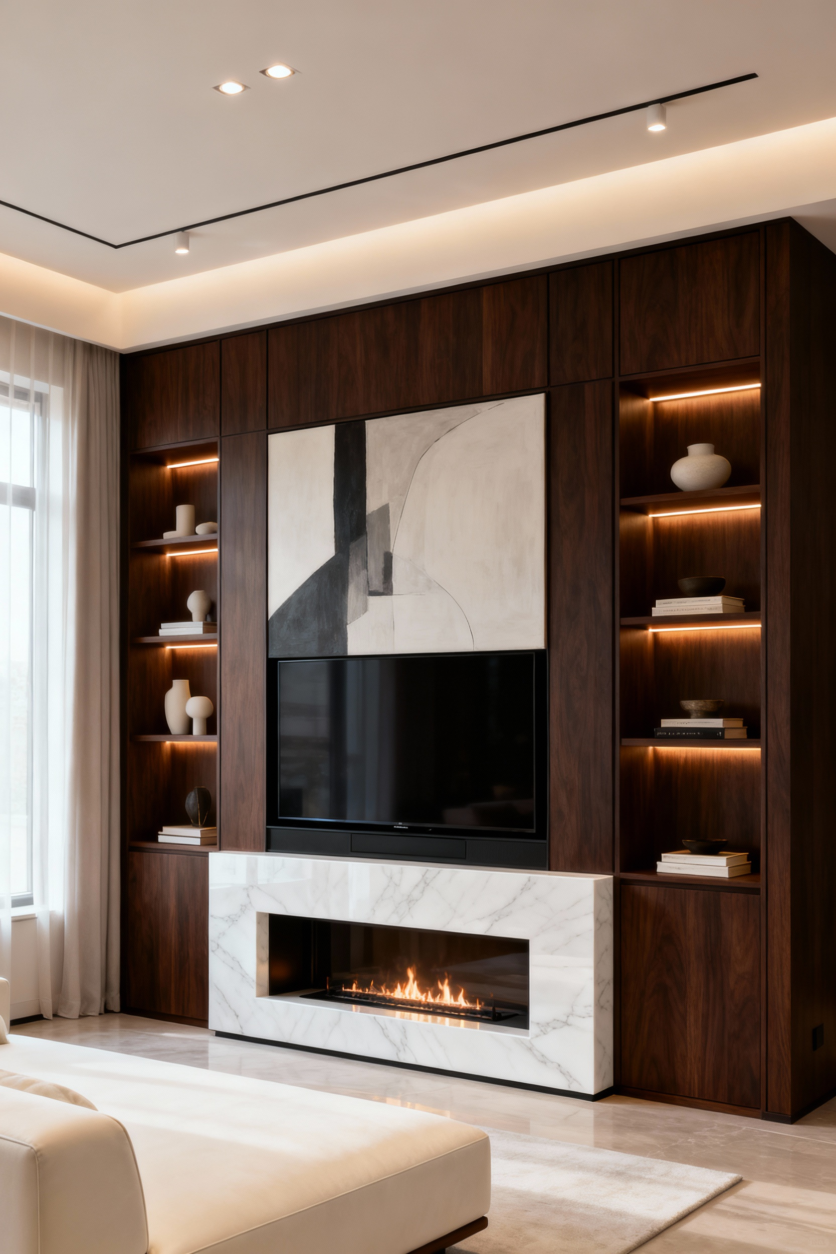 Luxurious living room featuring a multifunctional built-in focal point with a modern fireplace, hidden media art wall, and integrated, subtly lit shelving, showcasing elegant design.