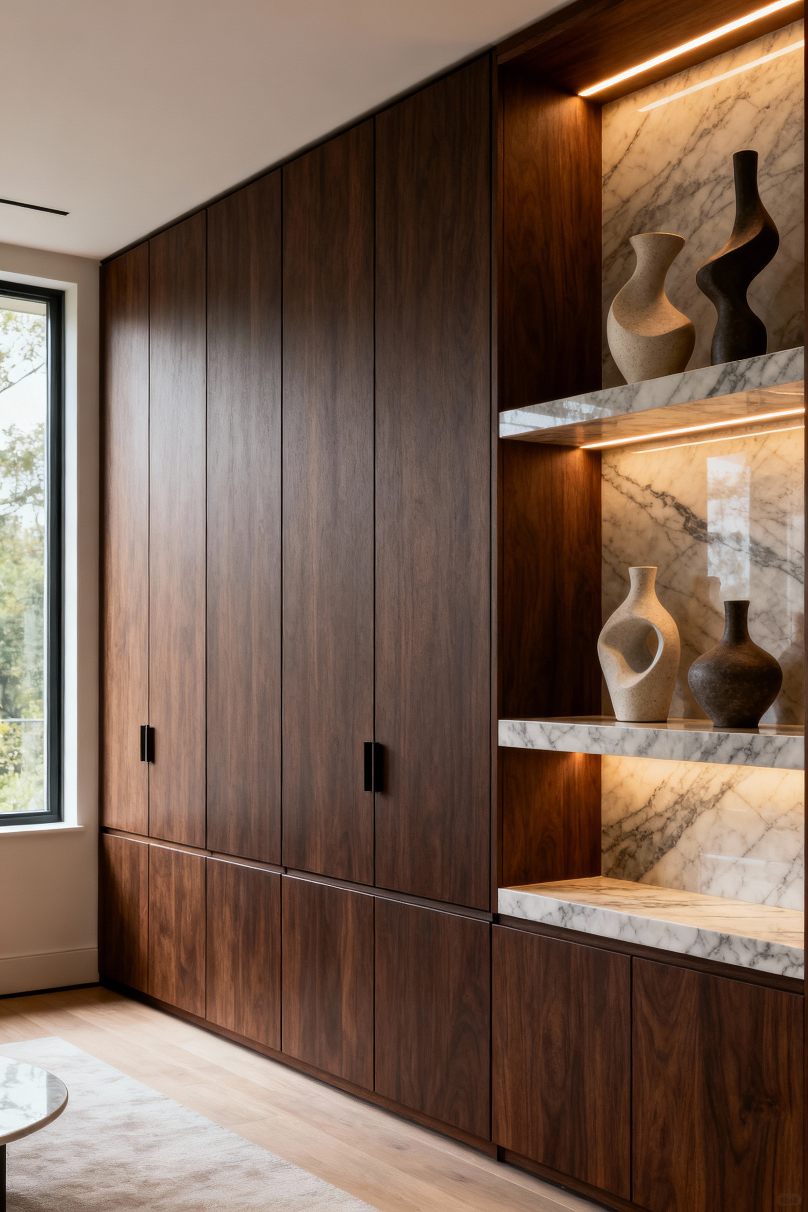 Luxurious living room featuring seamless dark walnut bespoke joinery with integrated LED lighting in display alcoves, a honed marble inlay, and discreet storage, enhancing architectural precision and offering a sophisticated ambiance.