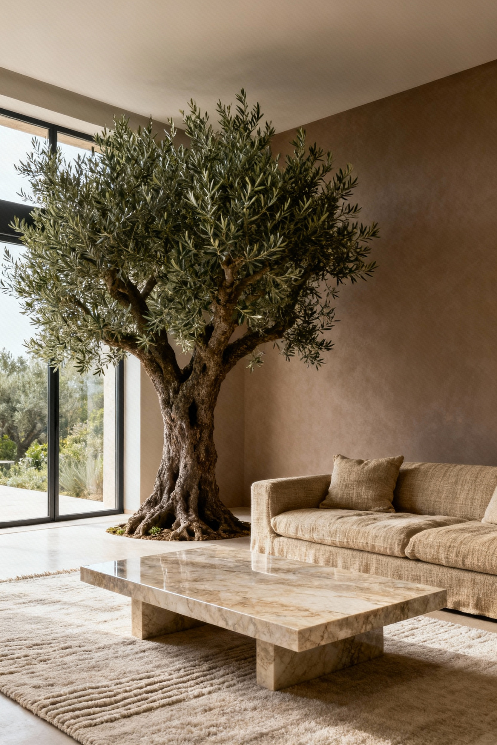 Elegant living room showcasing biophilic design with a large olive tree, natural wood, linen textiles, and ample soft natural light, creating a peaceful and sophisticated environment.