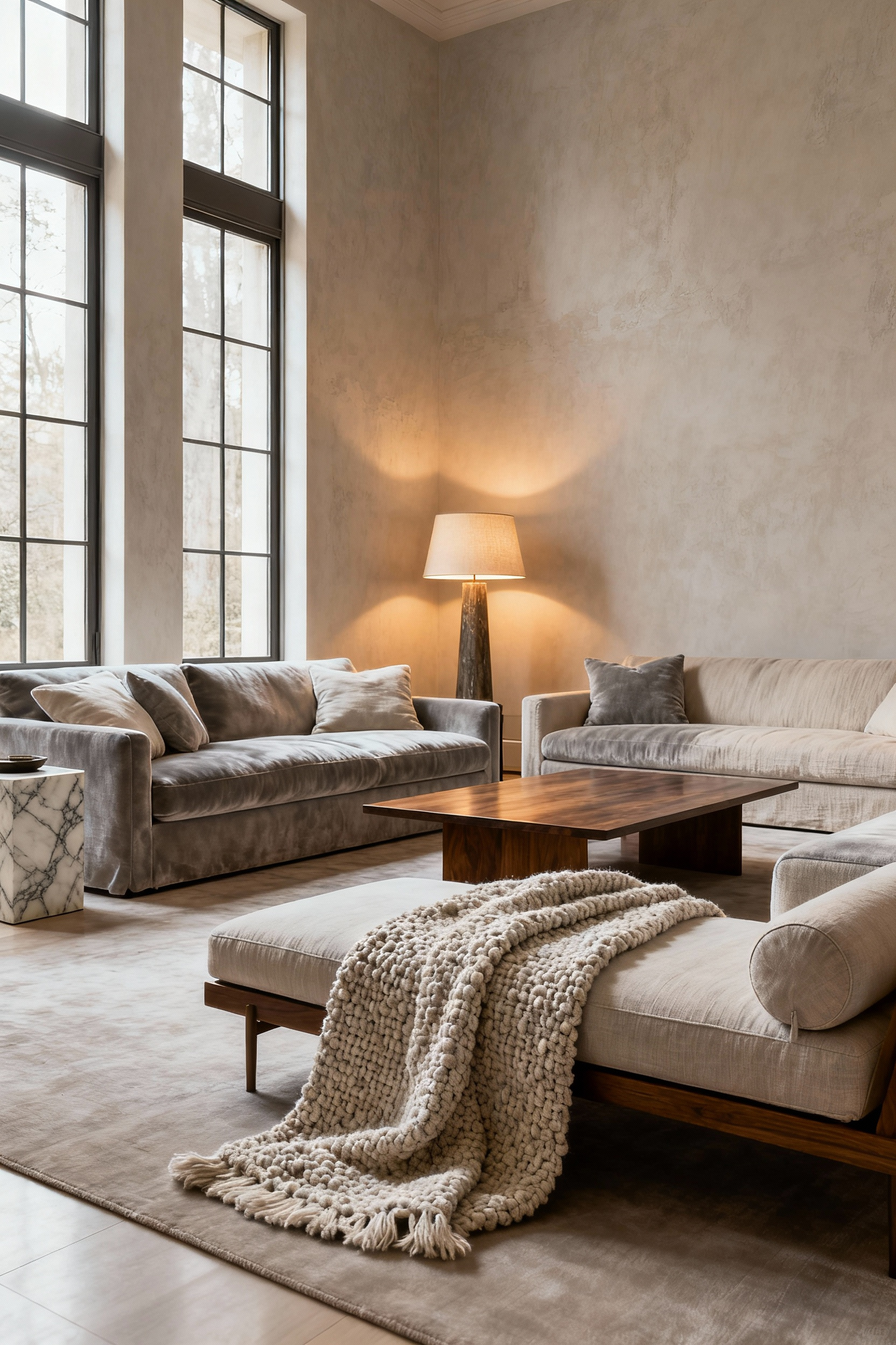 Luxurious living room in a sophisticated neutral palette with layered textures like velvet, linen, and polished wood, showcasing understated opulence and serene design.