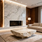 Luxurious living room showcasing a grand white marble fireplace facade and a honed travertine coffee table, emphasizing natural stone textures and elegant design.