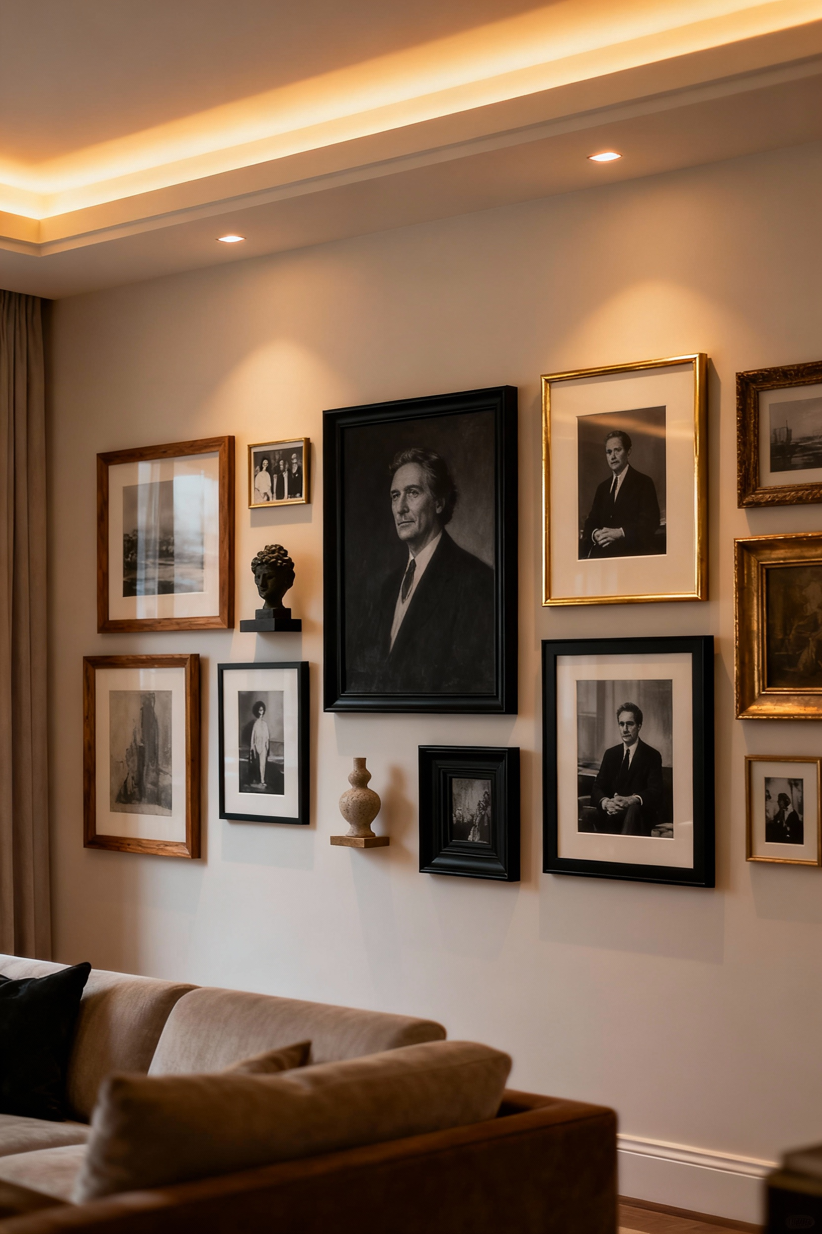 Luxurious living room featuring a sophisticated curated gallery wall. The wall showcases various framed artworks, personal photographs, and sculptural elements, softly illuminated for an elegant and inviting ambiance.