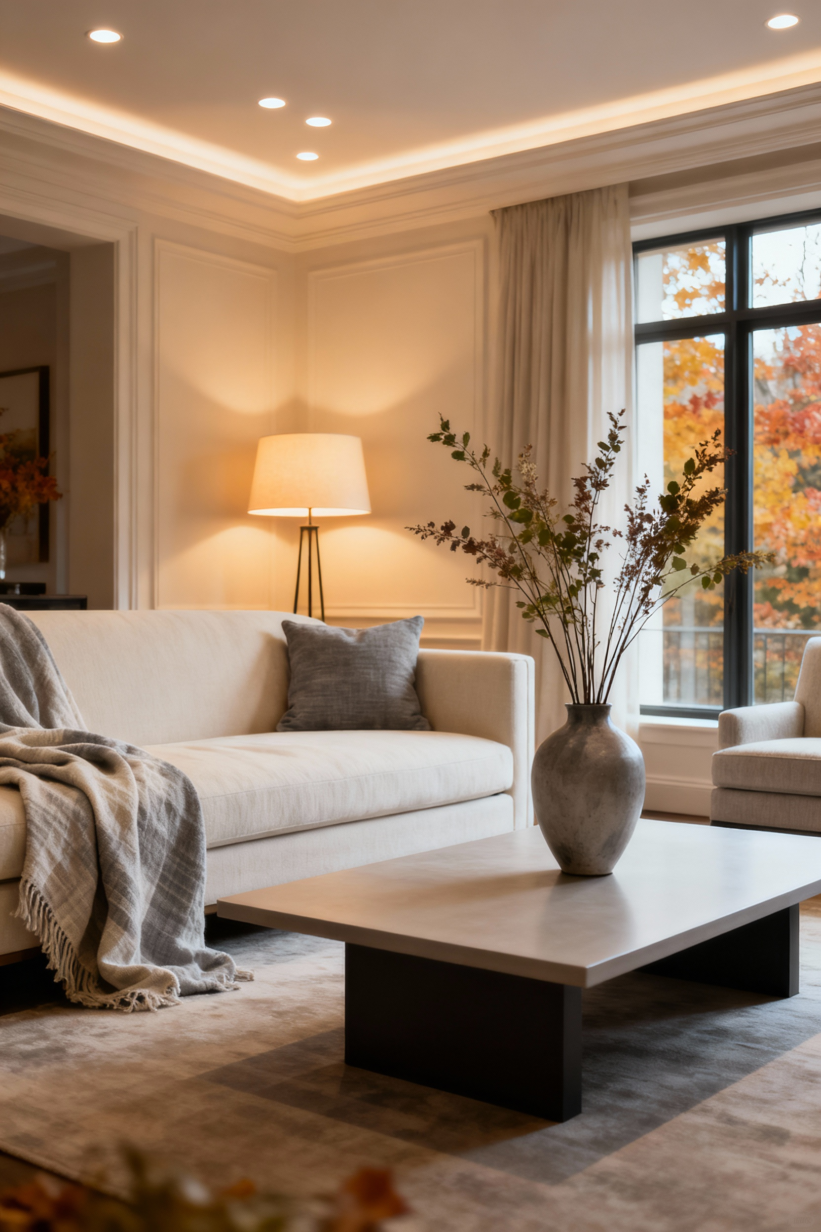 Elegant living room with neutral decor, showcasing subtle seasonal styling with a light throw and fresh botanicals, ambient lighting.