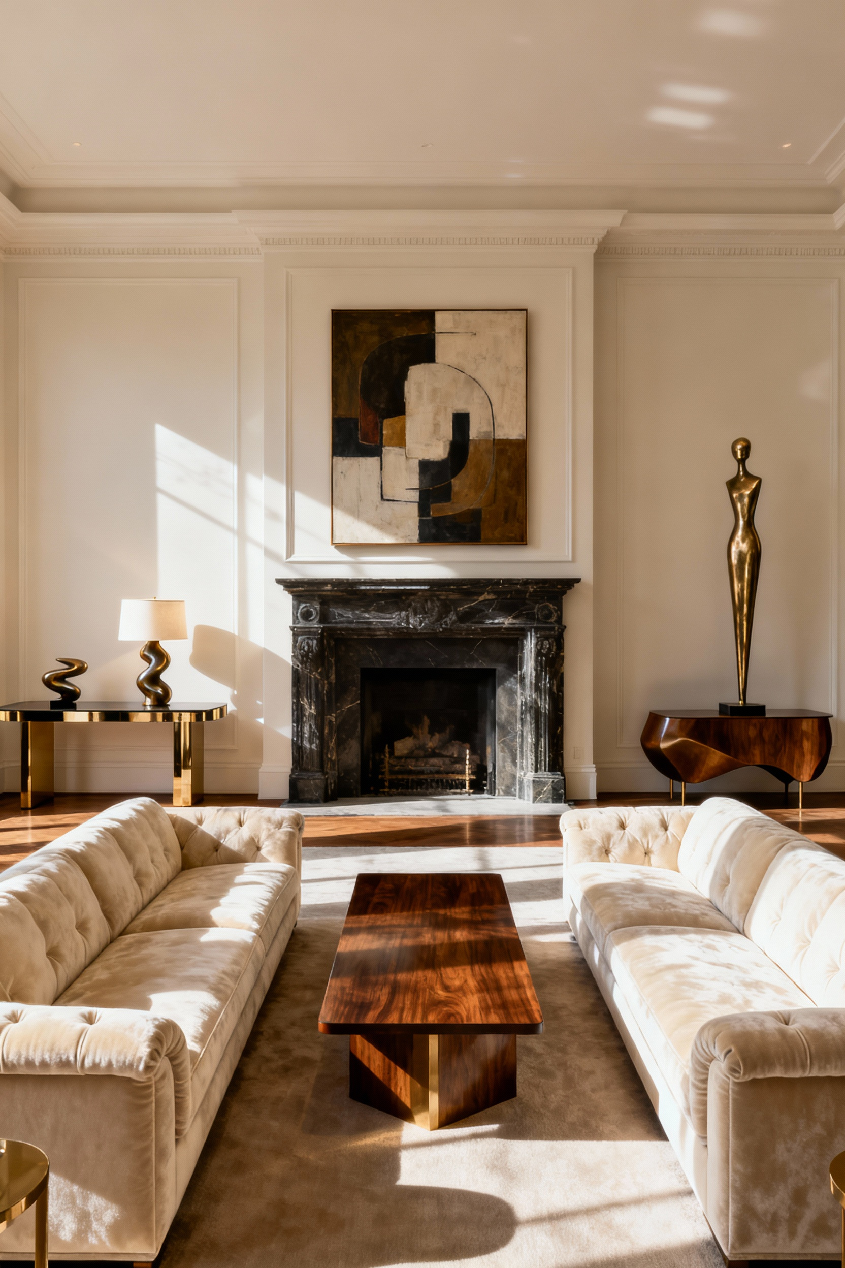 Luxurious living room balancing symmetrical twin sofas around a fireplace with asymmetrical art and sculpture, demonstrating advanced design principles.