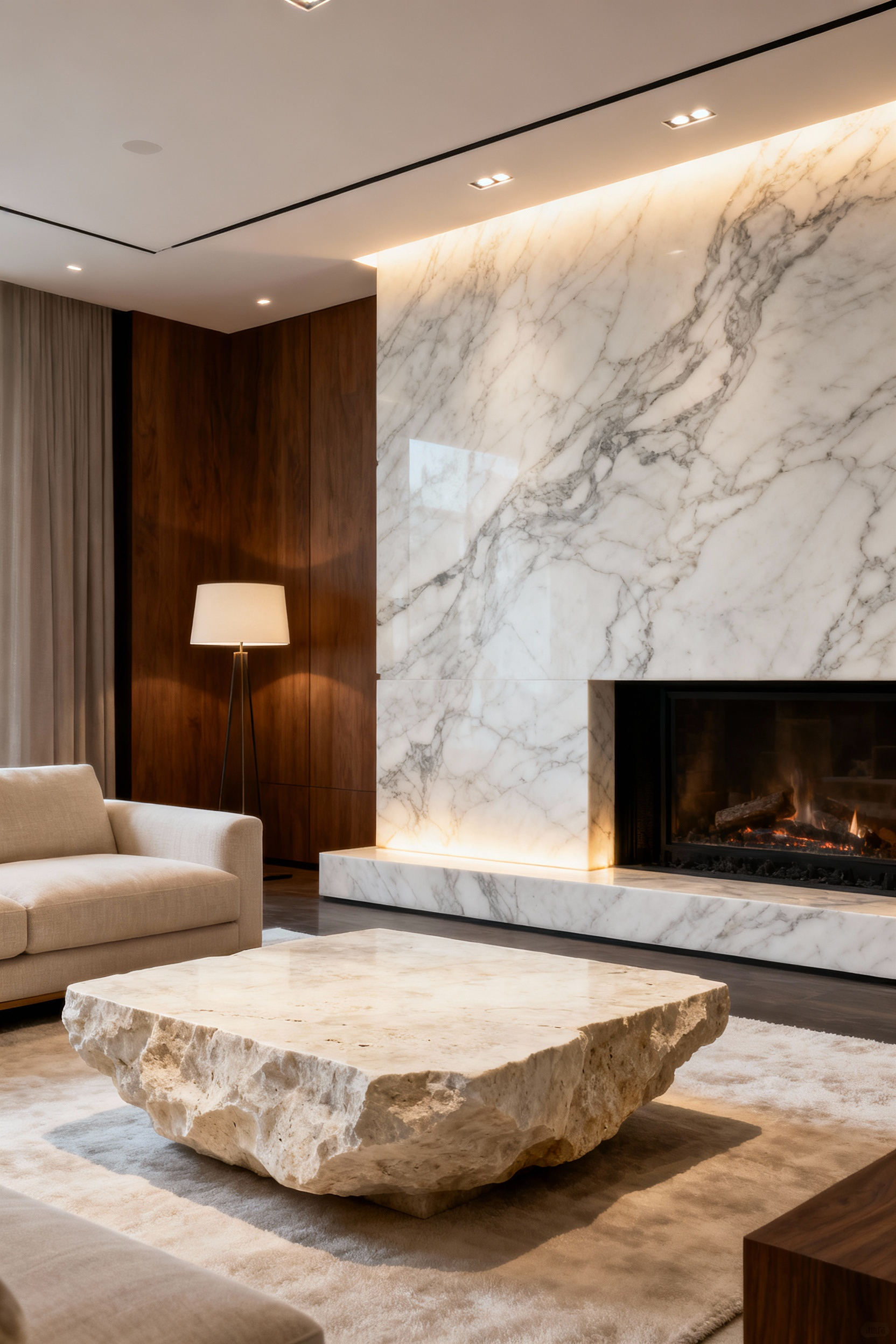 Luxurious living room showcasing a grand white marble fireplace facade and a honed travertine coffee table, emphasizing natural stone textures and elegant design.