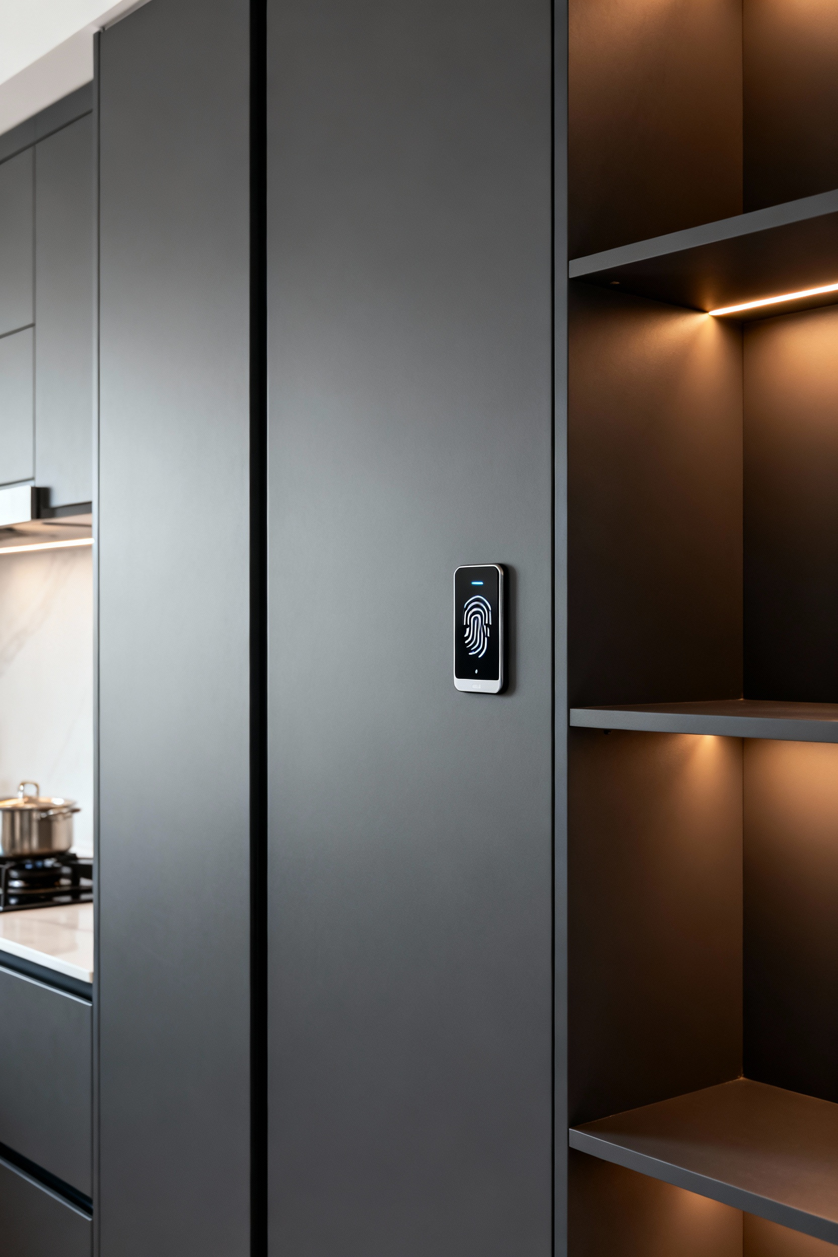 Modern kitchen cabinet with integrated biometric fingerprint scanner for secure and personalized access, sleek design.