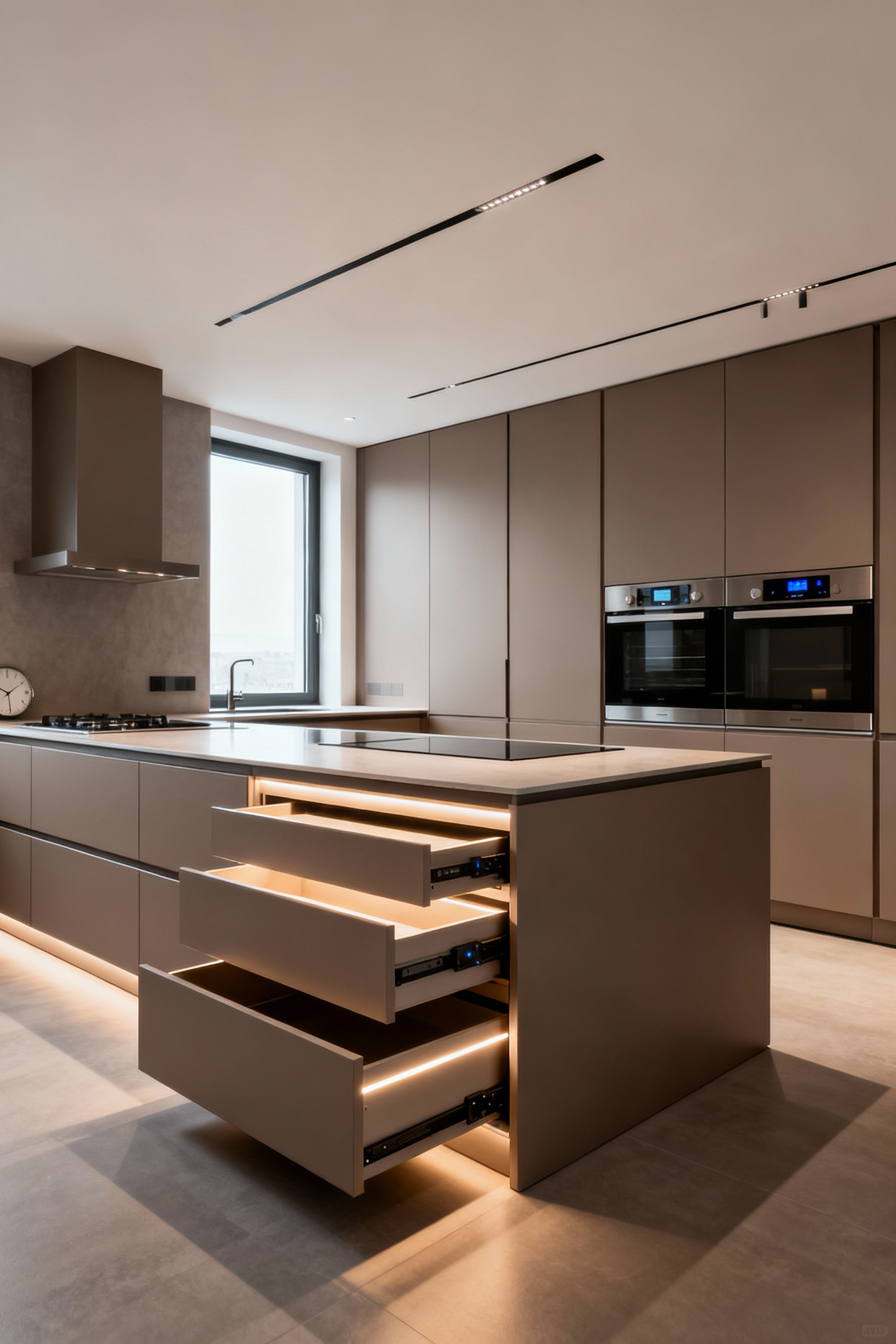 Modern ergonomic kitchen showcasing optimized workflow, smart cabinet placement, and automated features for enhanced comfort and efficiency.