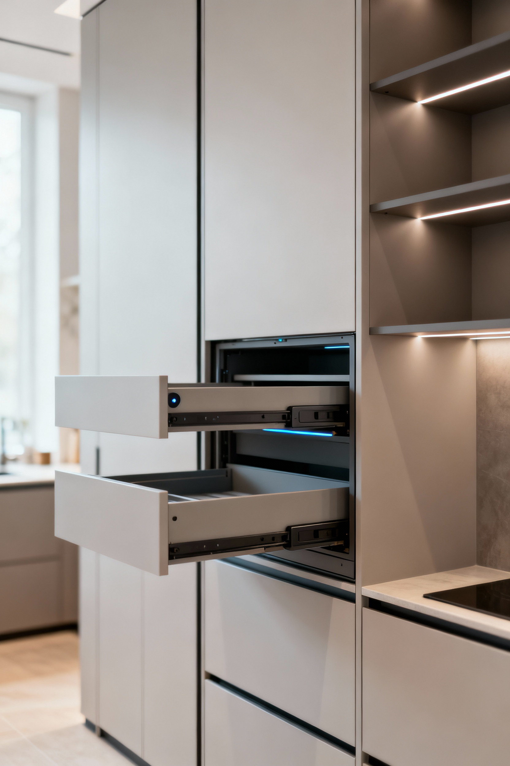 Modern kitchen featuring a tall pantry cabinet with smart, partially extended pull-out drawers and integrated lighting, showcasing innovative storage.