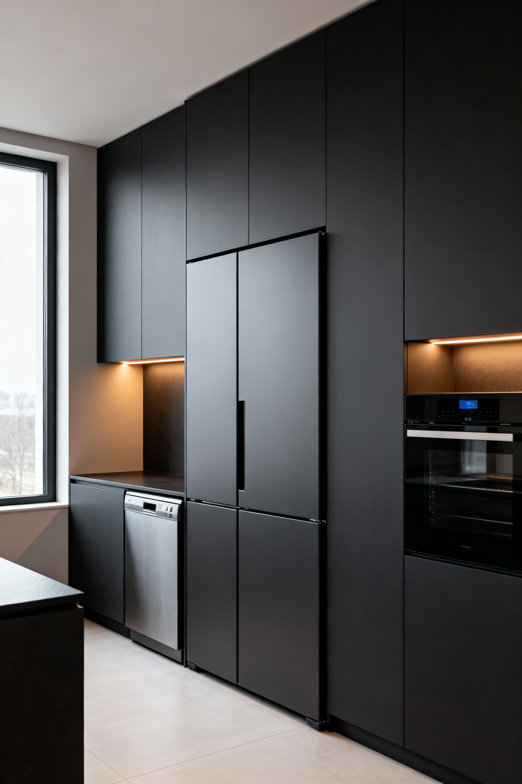 Modern kitchen with perfectly integrated built-in appliances, featuring a minimalist aesthetic, flush-mounted cabinetry, and a clean, unified look. Seamless design in a high-end culinary space.