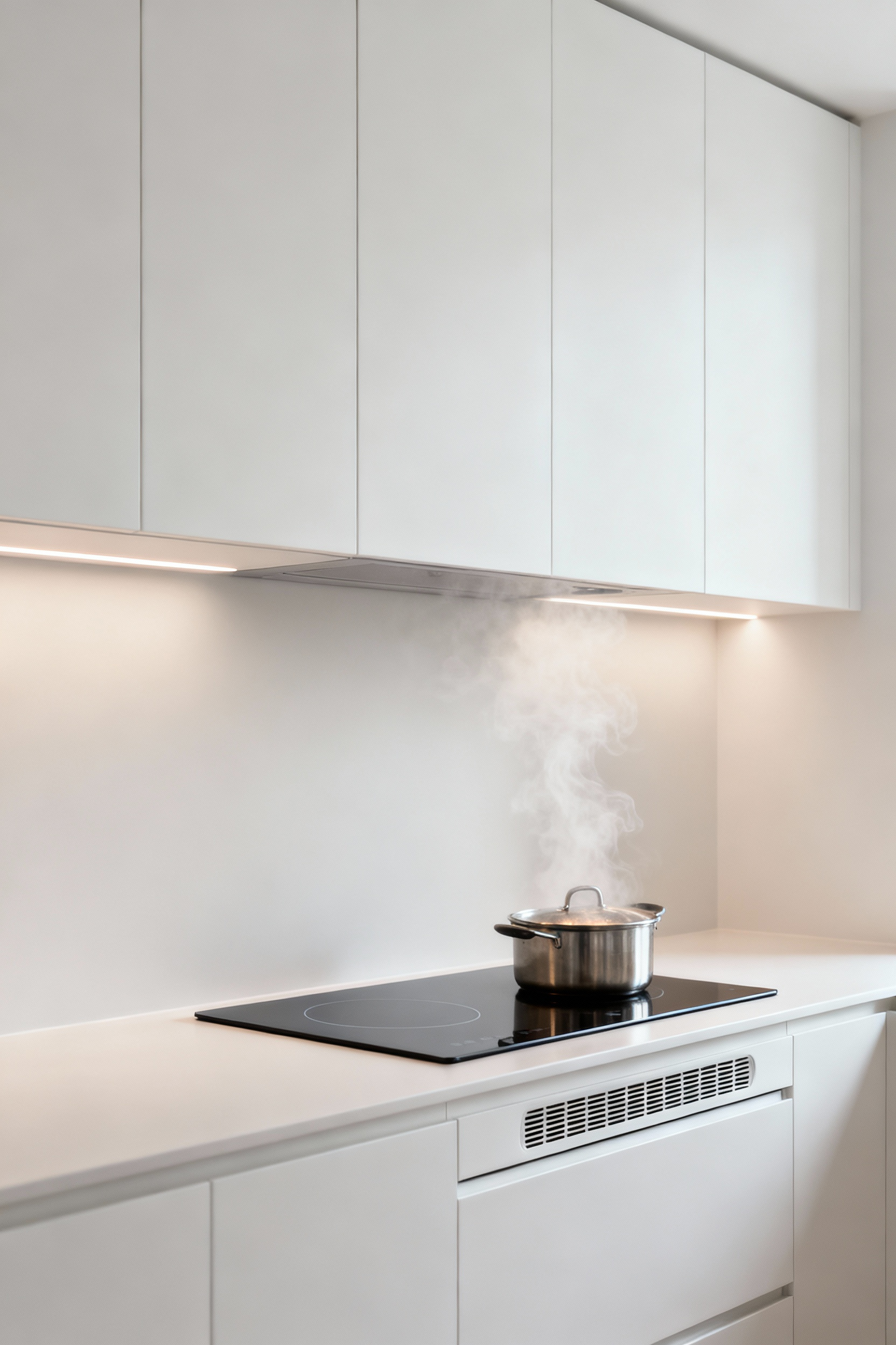 Modern minimalist kitchen with seamless white upper cabinetry concealing an automated ventilation system above an induction cooktop, featuring integrated air purification.
