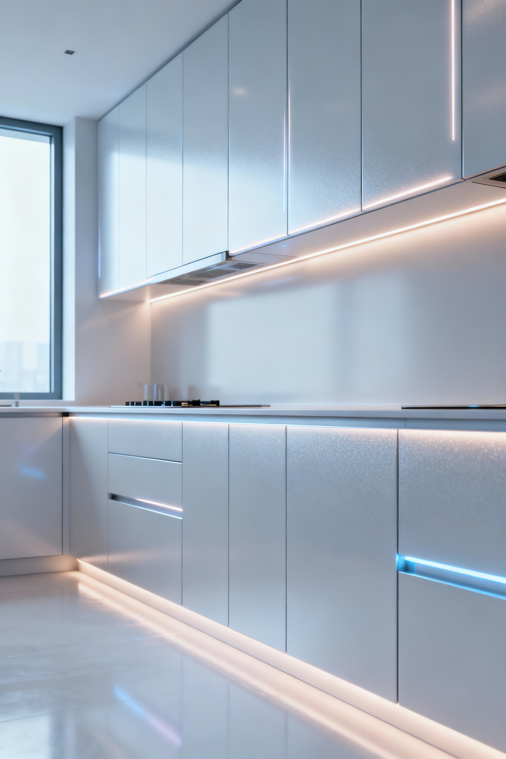 A modern kitchen featuring sleek, white self-cleaning and antimicrobial cabinet surfaces, illuminated by soft natural light, emphasizing hygiene and minimalist design.