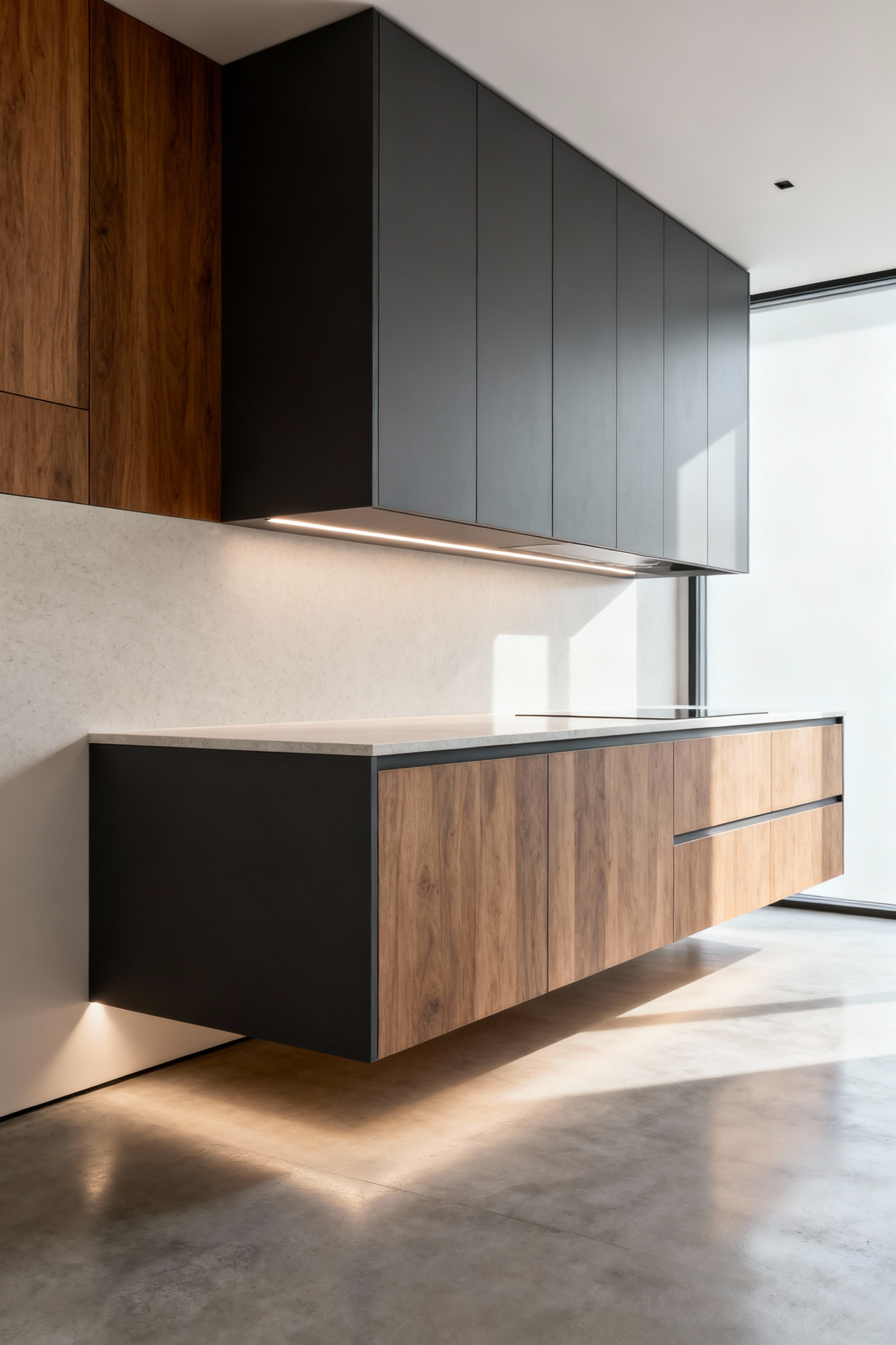 Modern kitchen with sleek floating base cabinets and a plinthless design, showcasing negative space and integrated LED lighting, in a minimalist style.