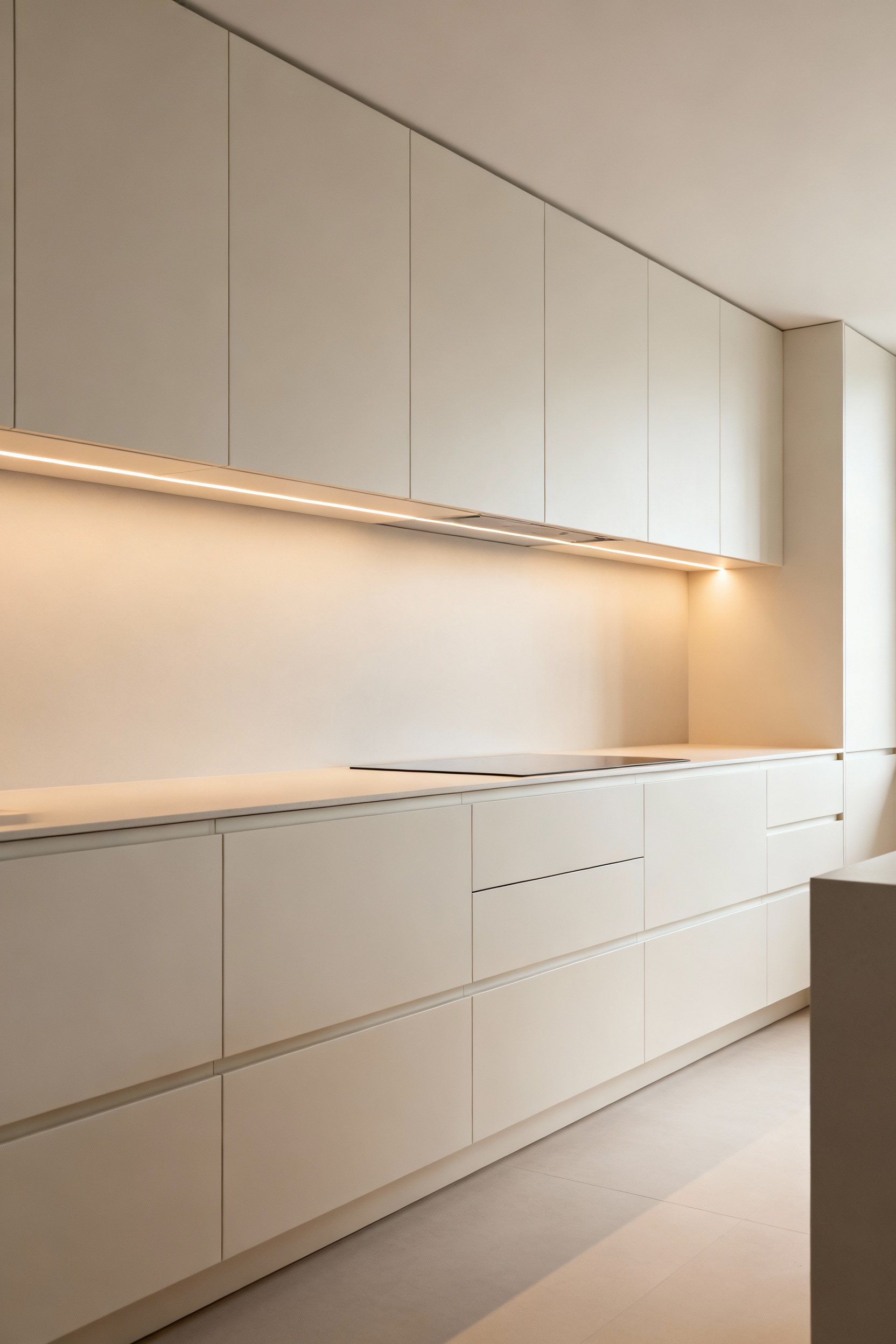 Modern kitchen with seamless European frameless cabinets in a minimalist design, highlighting full-overlay doors and clean lines.