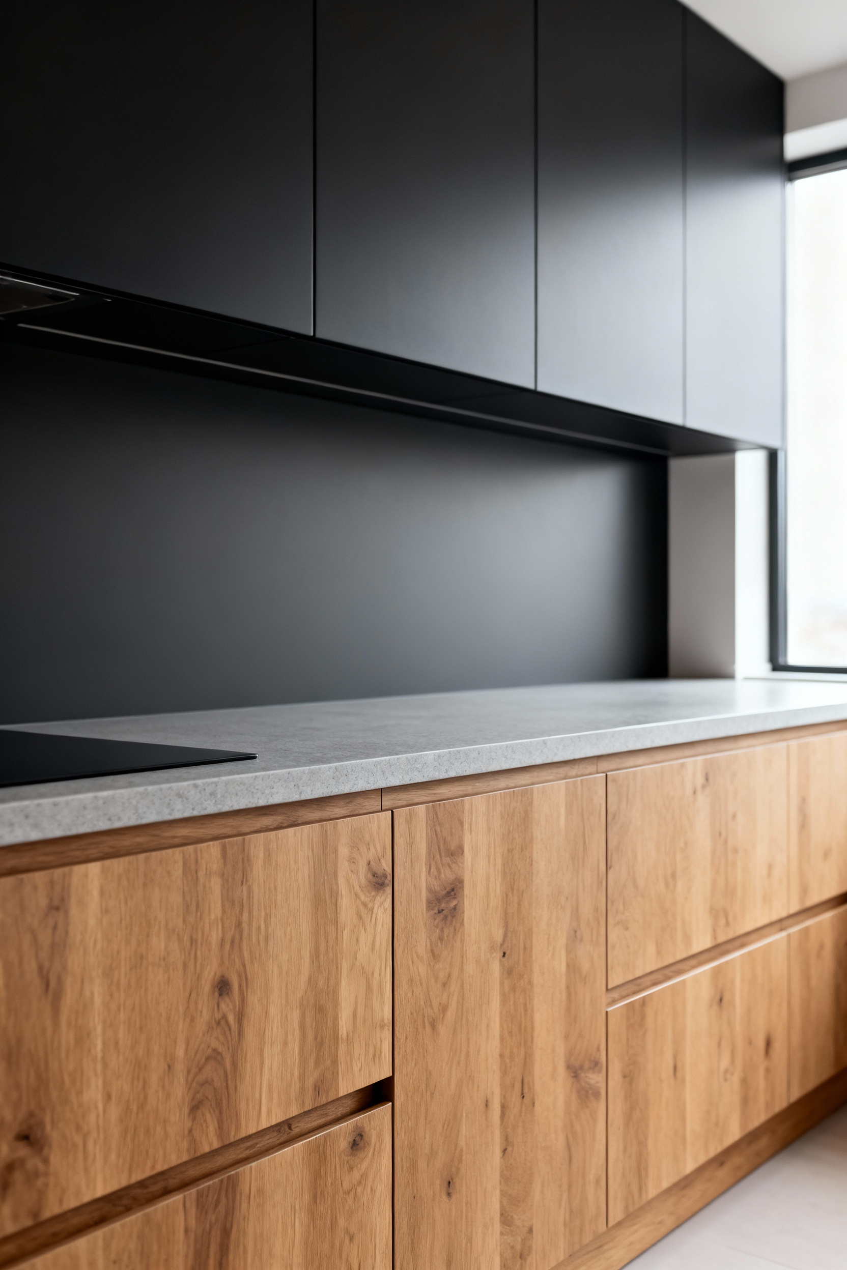 Modern kitchen cabinetry displaying a sleek combination of light oak wood grain on lower units and dark charcoal matte lacquer on upper units, highlighting the sophisticated contrast and tactile appeal.