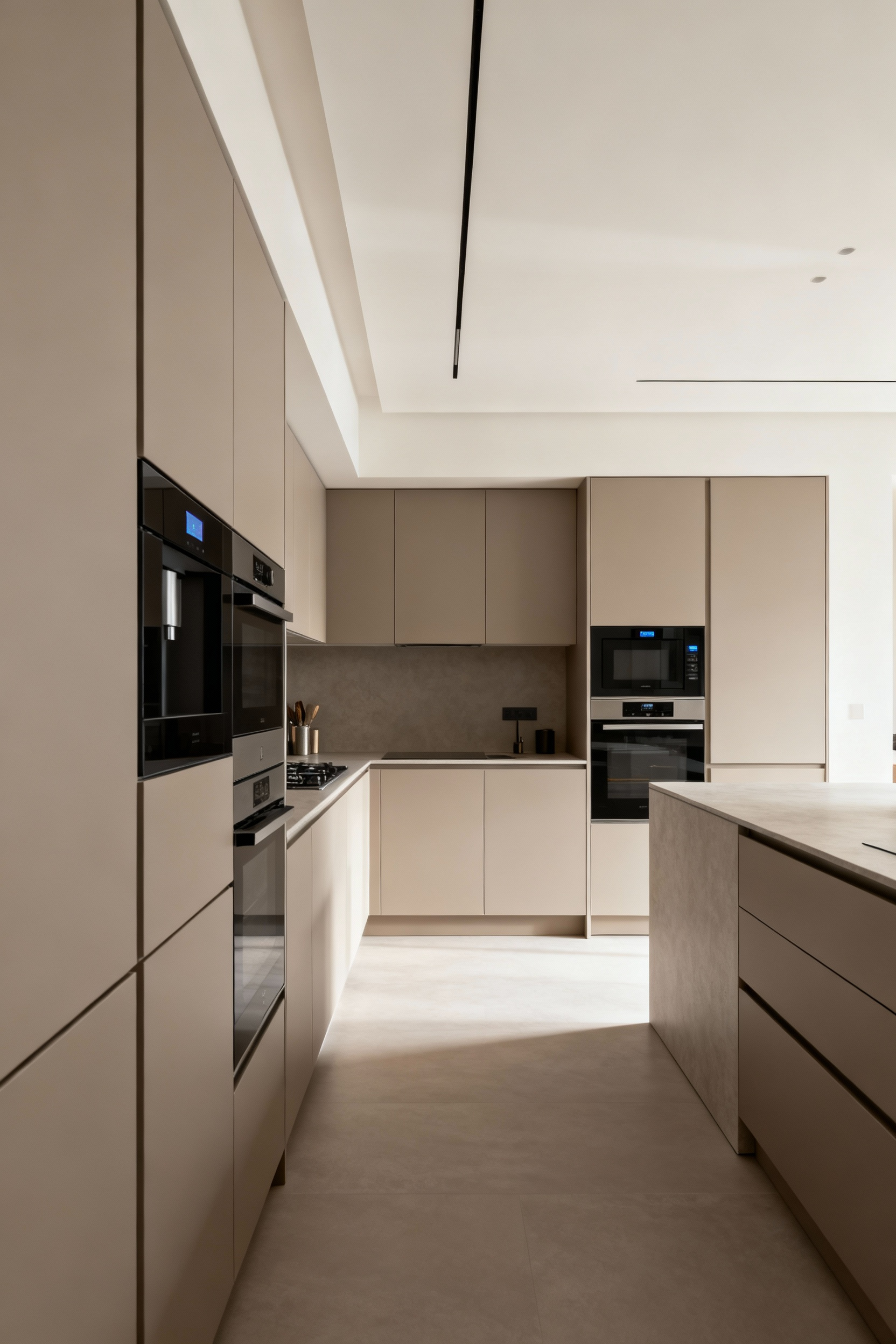 Modern kitchen cabinets with durable laminate finishes like Fenix NTM in a high-traffic area, showing their pristine condition and seamless integration with a minimalist design.