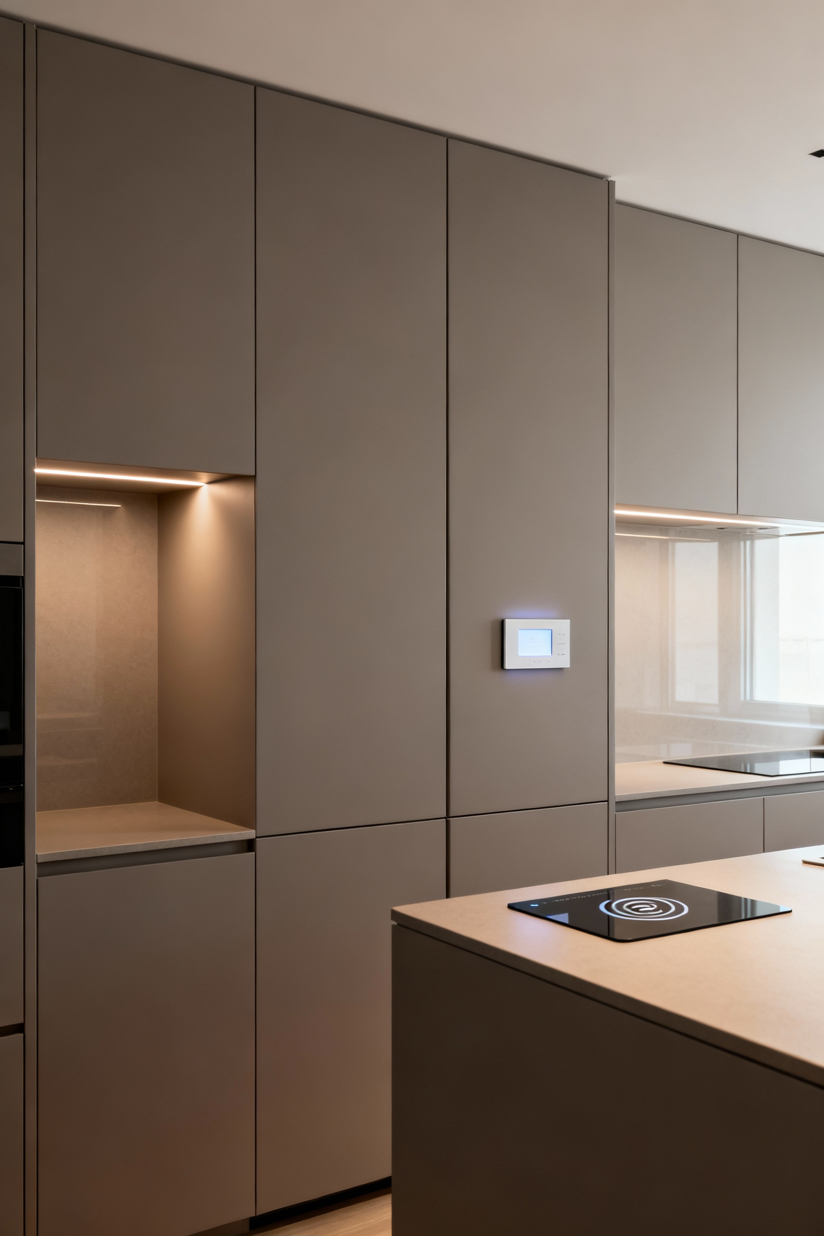 Sleek modern kitchen featuring hidden smart home hub panel integrated flush into handleless grey cabinetry for centralized control.