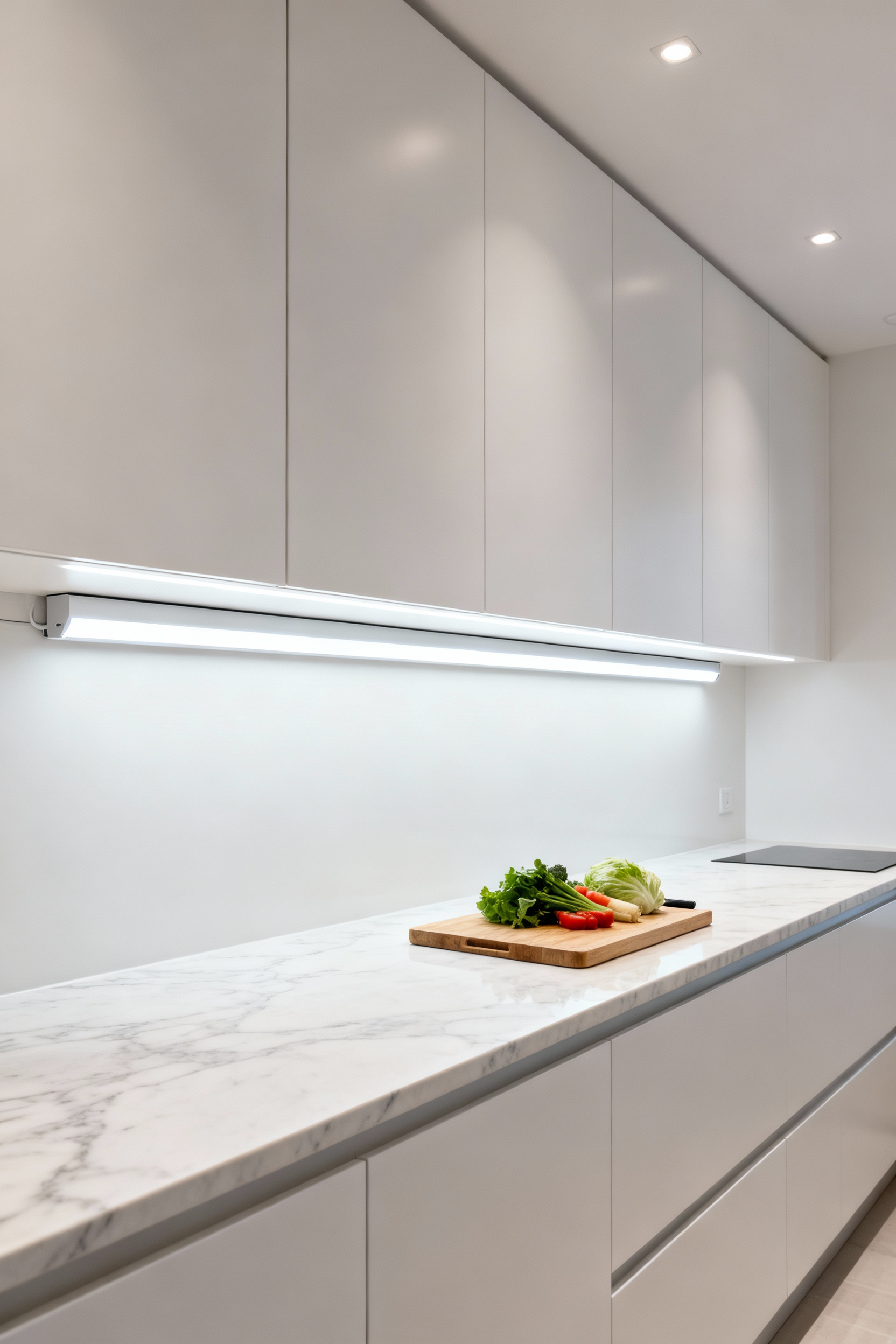 A modern kitchen featuring under-cabinet LED strips providing bright, uniform task lighting on a countertop, with sleek white cabinetry.