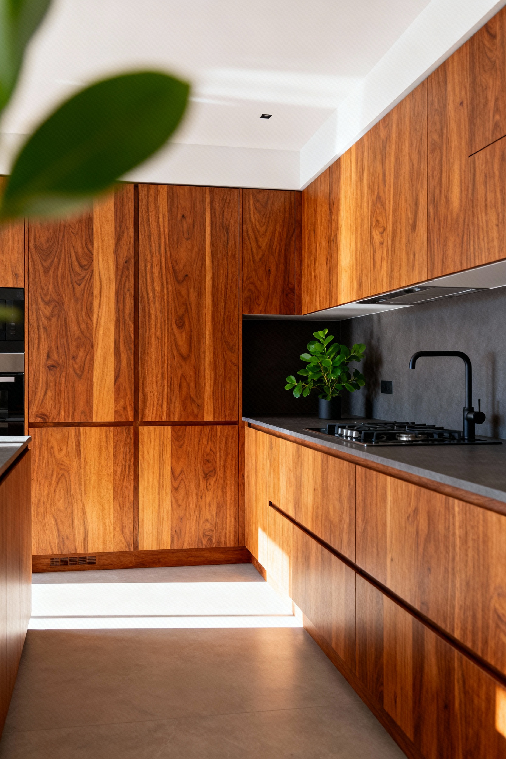 Modern kitchen with cabinets made from sustainable, environmentally responsible materials. Features light wood tones, minimalist design, and ample natural light.