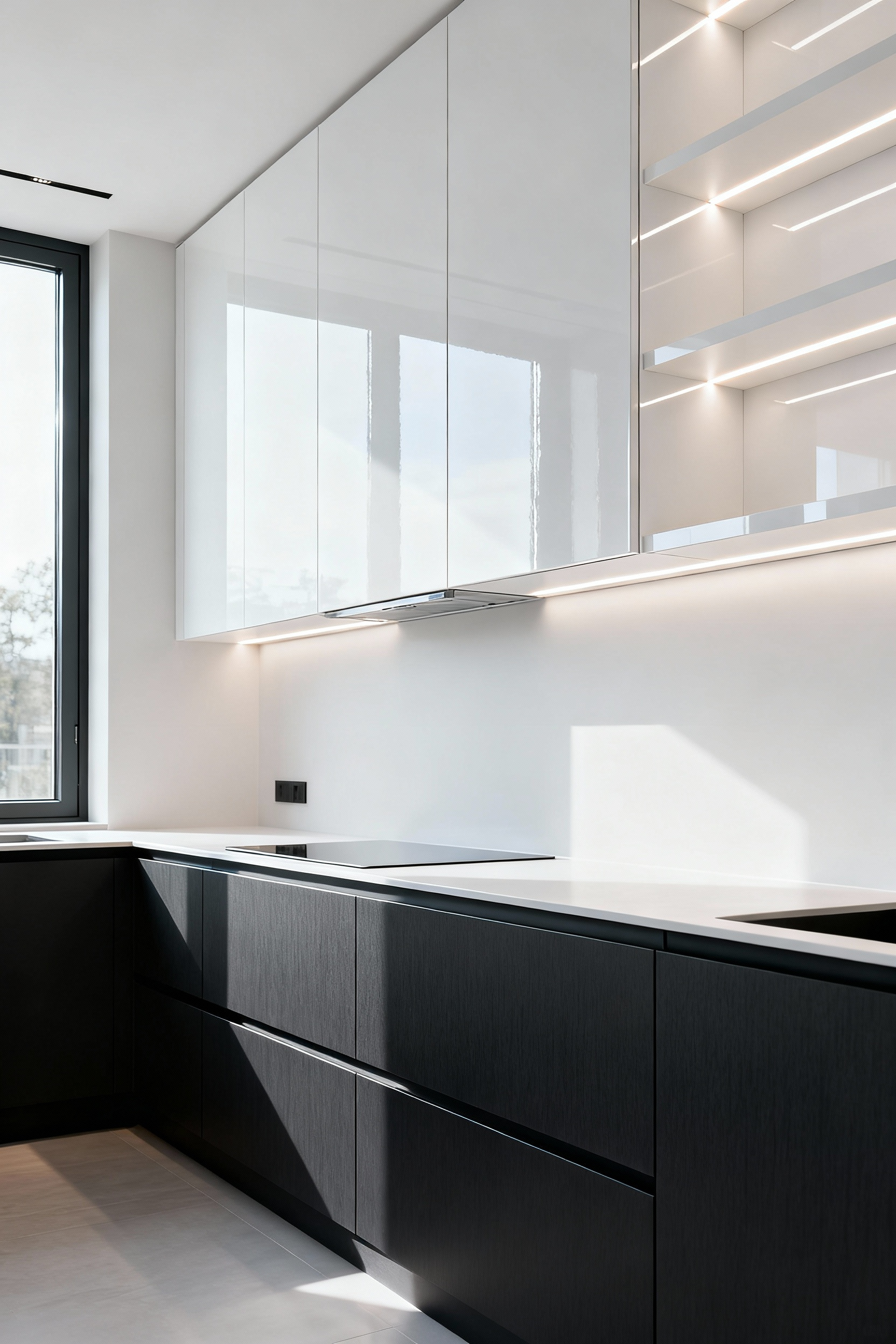 Contemporary kitchen showcasing two-tone cabinetry, featuring dark matte base cabinets and light glossy upper cabinets under integrated LED lighting, creating visual depth.