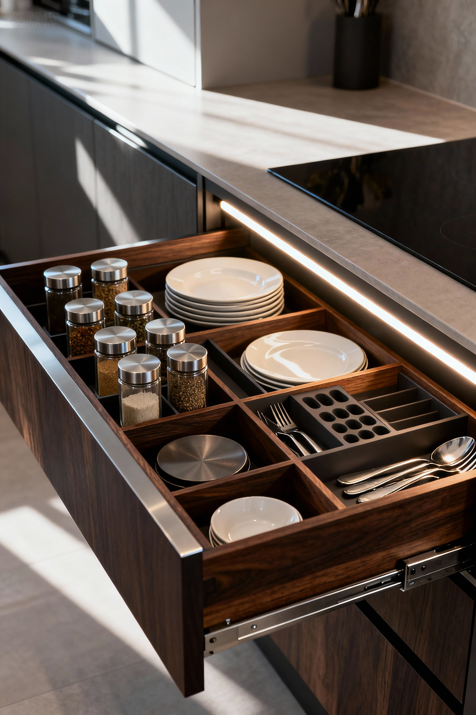 Detailed view of an open modern kitchen cabinet drawer with bespoke internal storage solutions, featuring custom-fit compartments for efficient organization.