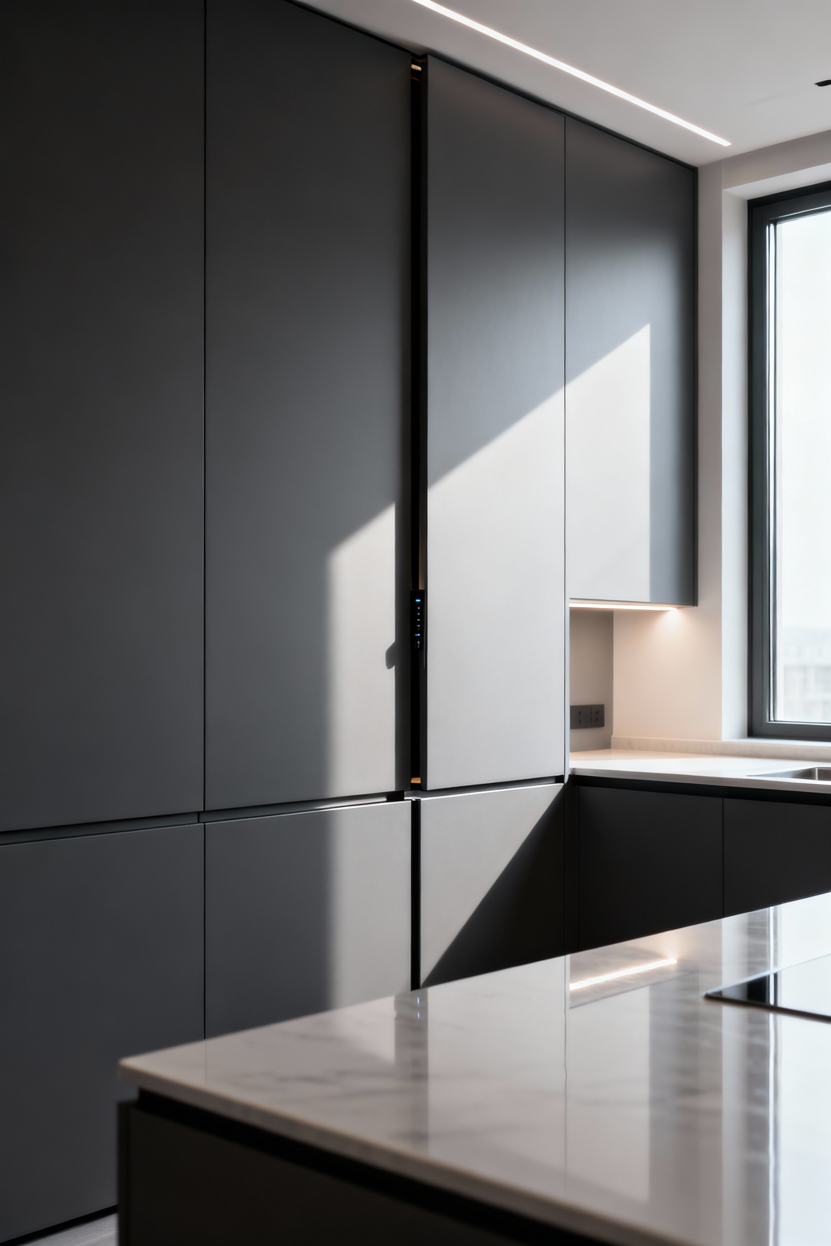 Sleek modern kitchen featuring minimalist white Electronic Touch-to-Open Cabinetry, handle-less design, integrated LED lighting, and polished countertops.