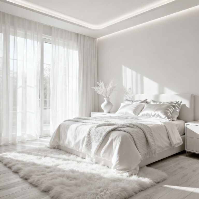 A serene, luxurious bedroom interior in a monochromatic white palette, featuring layered textures like linen, boucle, polished marble, and matte walls, bathed in natural light to showcase subtle tonal shifts.