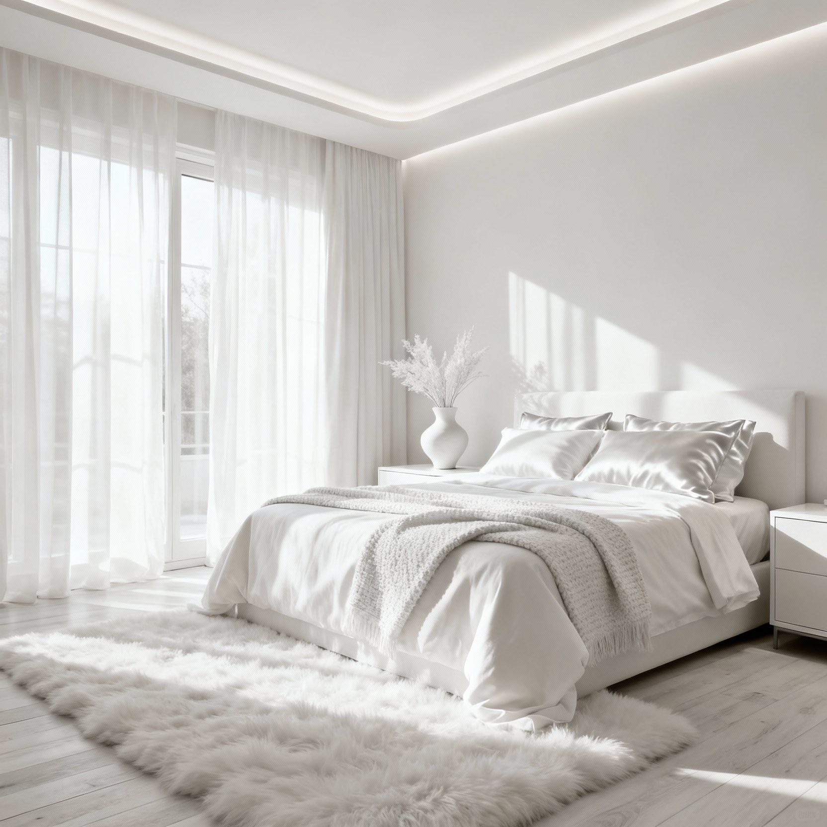 A serene, luxurious bedroom interior in a monochromatic white palette, featuring layered textures like linen, boucle, polished marble, and matte walls, bathed in natural light to showcase subtle tonal shifts.