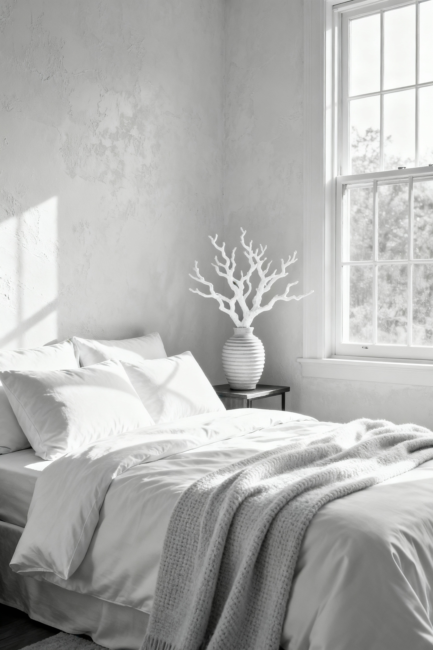 Serene white bedroom with layered textures, crisp linens, and natural light creating a monochromatic sanctuary.