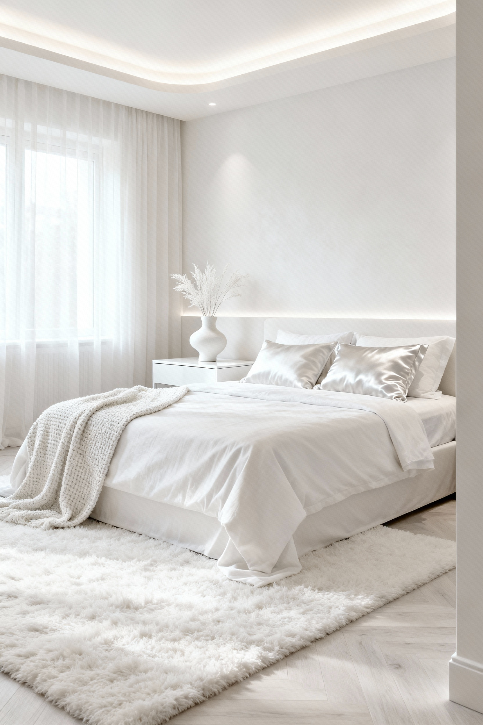 A serene, luxurious bedroom interior in a monochromatic white palette, featuring layered textures like linen, boucle, polished marble, and matte walls, bathed in natural light to showcase subtle tonal shifts.
