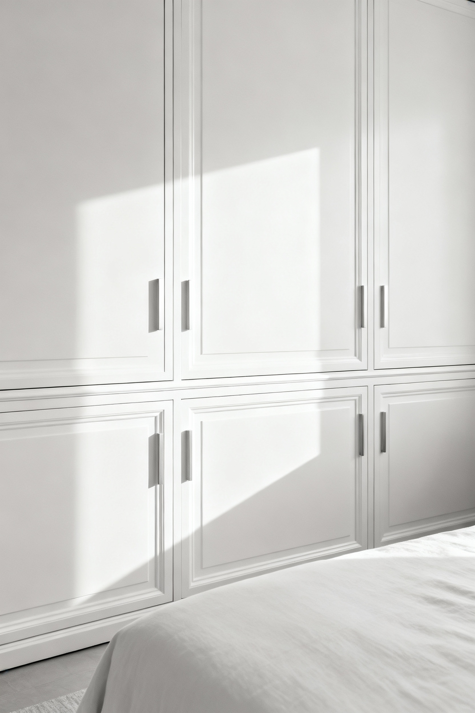 A luxurious white bedroom featuring custom bespoke millwork and integrated storage solutions, enhancing architectural interest and creating a serene, uncluttered aesthetic.