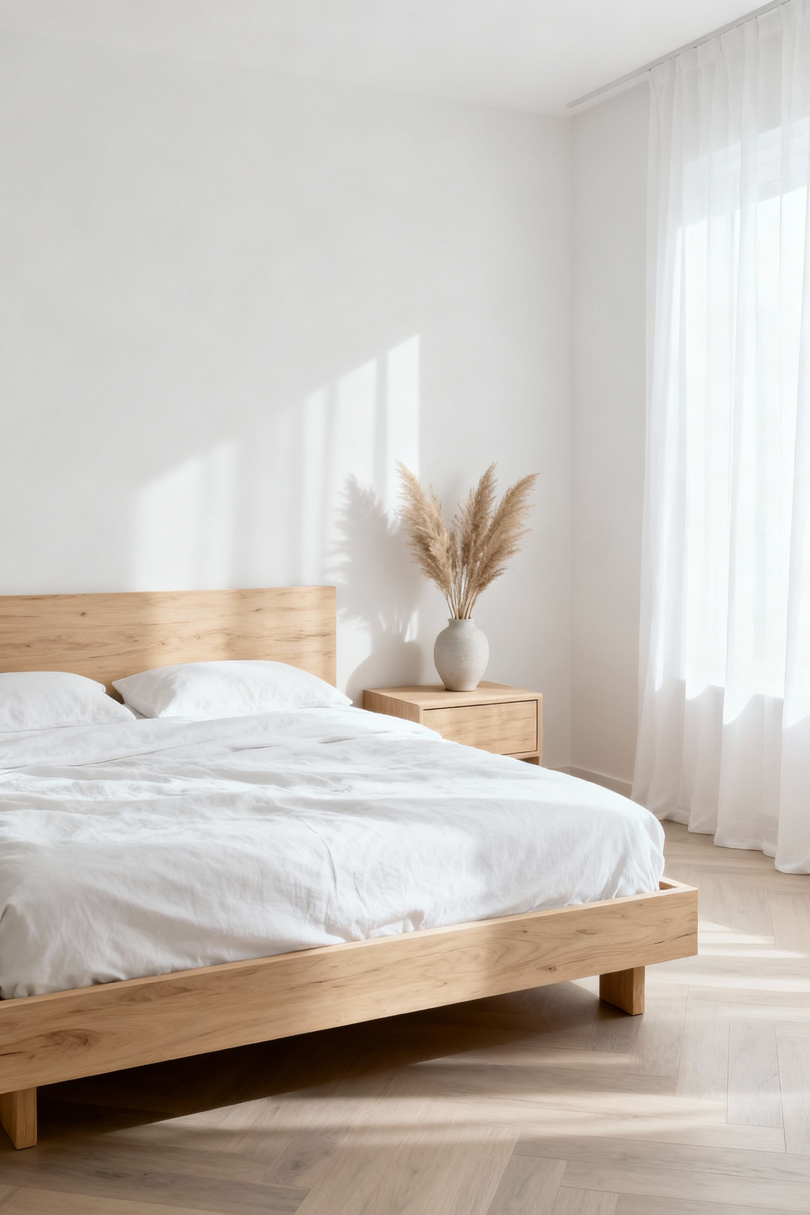 A luxurious white bedroom featuring a pale oak wood bed frame and nightstand, adding natural warmth and organic texture against pristine white walls and linens, creating an inviting retreat.
