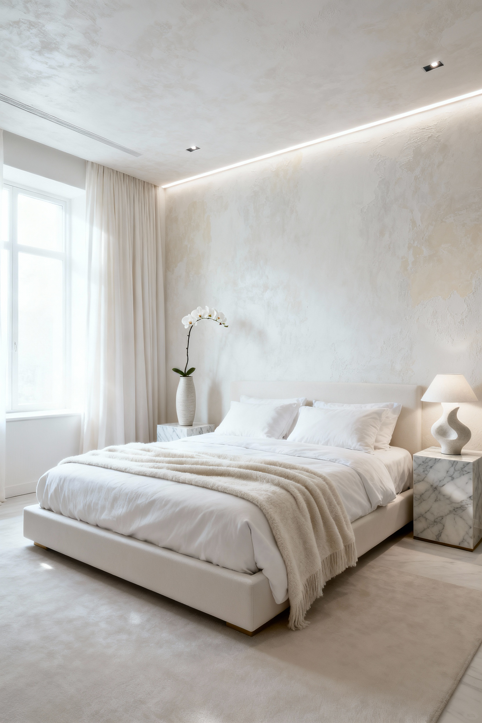 A meticulously designed pristine white bedroom featuring layered shades of white, luxurious tactile textures, sophisticated lighting, and minimalist decor, conveying deep tranquility and calm.