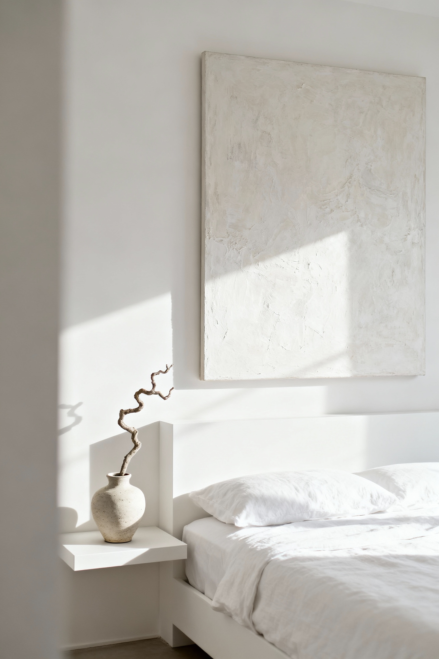 Elegant white bedroom with a minimalist bed, featuring a large abstract painting and a ceramic vase with a sculptural branch, showcasing strategic art and object placement.