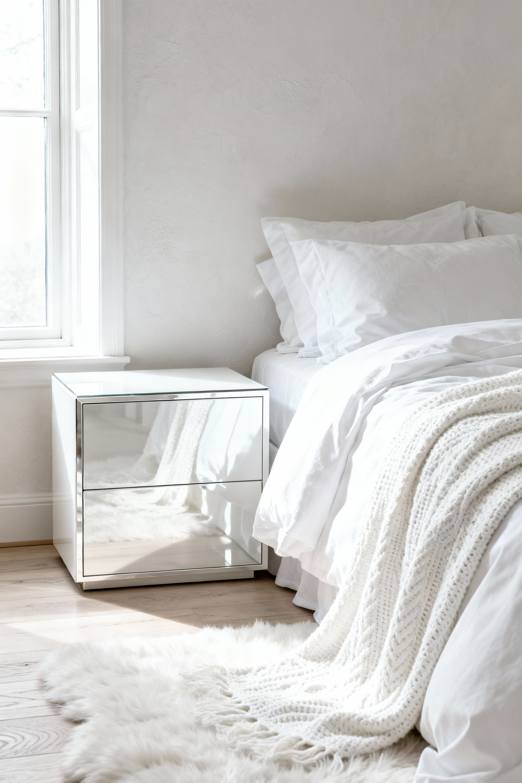An elegant white bedroom showcasing diverse textures: crisp white linen bedding, a high-gloss white lacquered bedside table, and a matte plaster wall, all bathed in soft natural light.