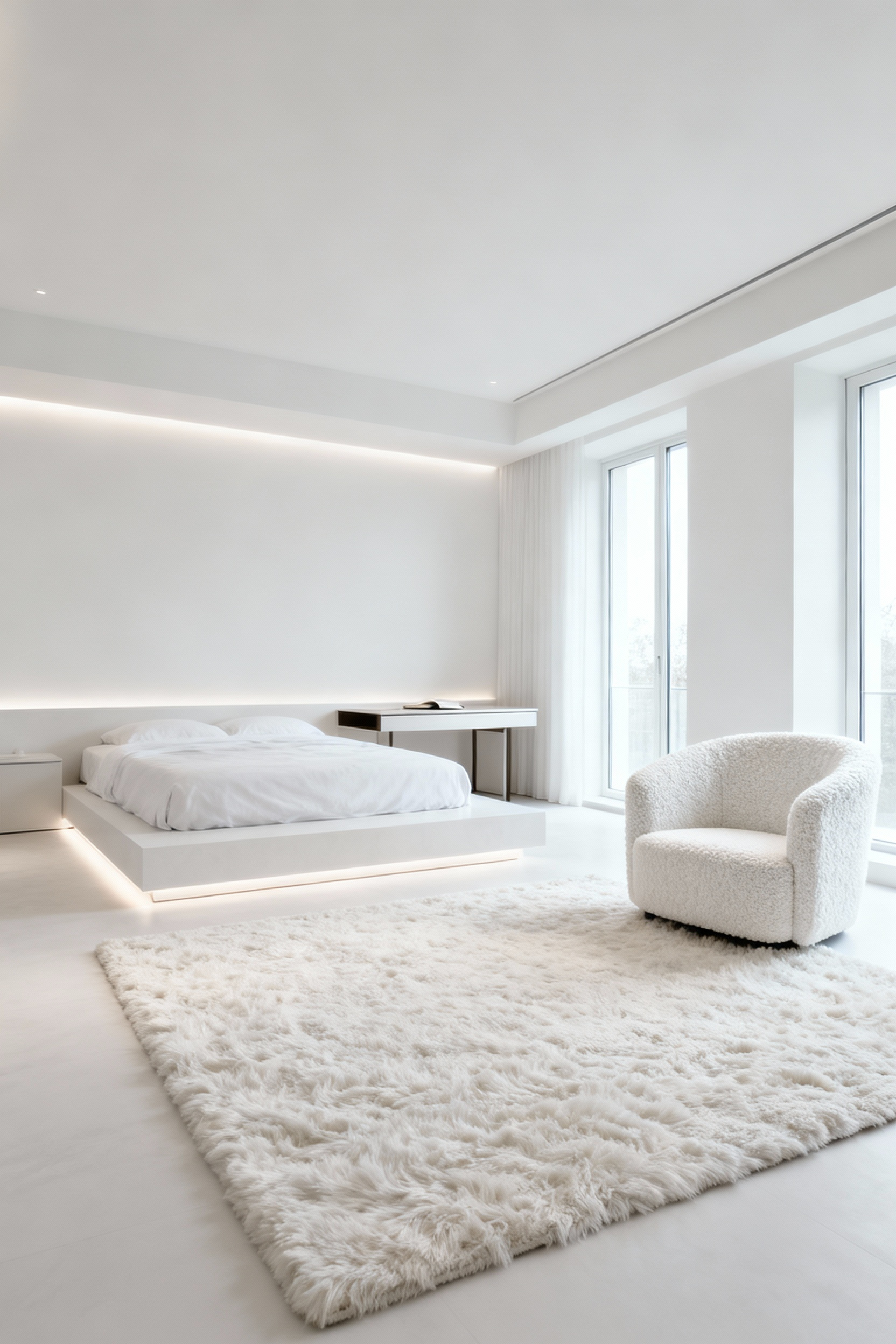 A serene white bedroom interior featuring an expertly arranged layout with a central bed, elegant white armchair, and large area rug. Thoughtful furniture placement defines distinct spatial zones, enhancing volumetric perception and creating a harmonious flow without physical barriers.