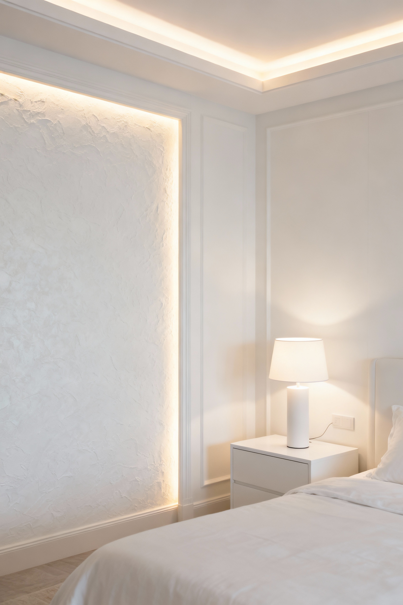 White bedroom with sophisticated layered lighting, featuring ambient ceiling light, task lighting from a bedside lamp, and accent lighting on a textured wall.